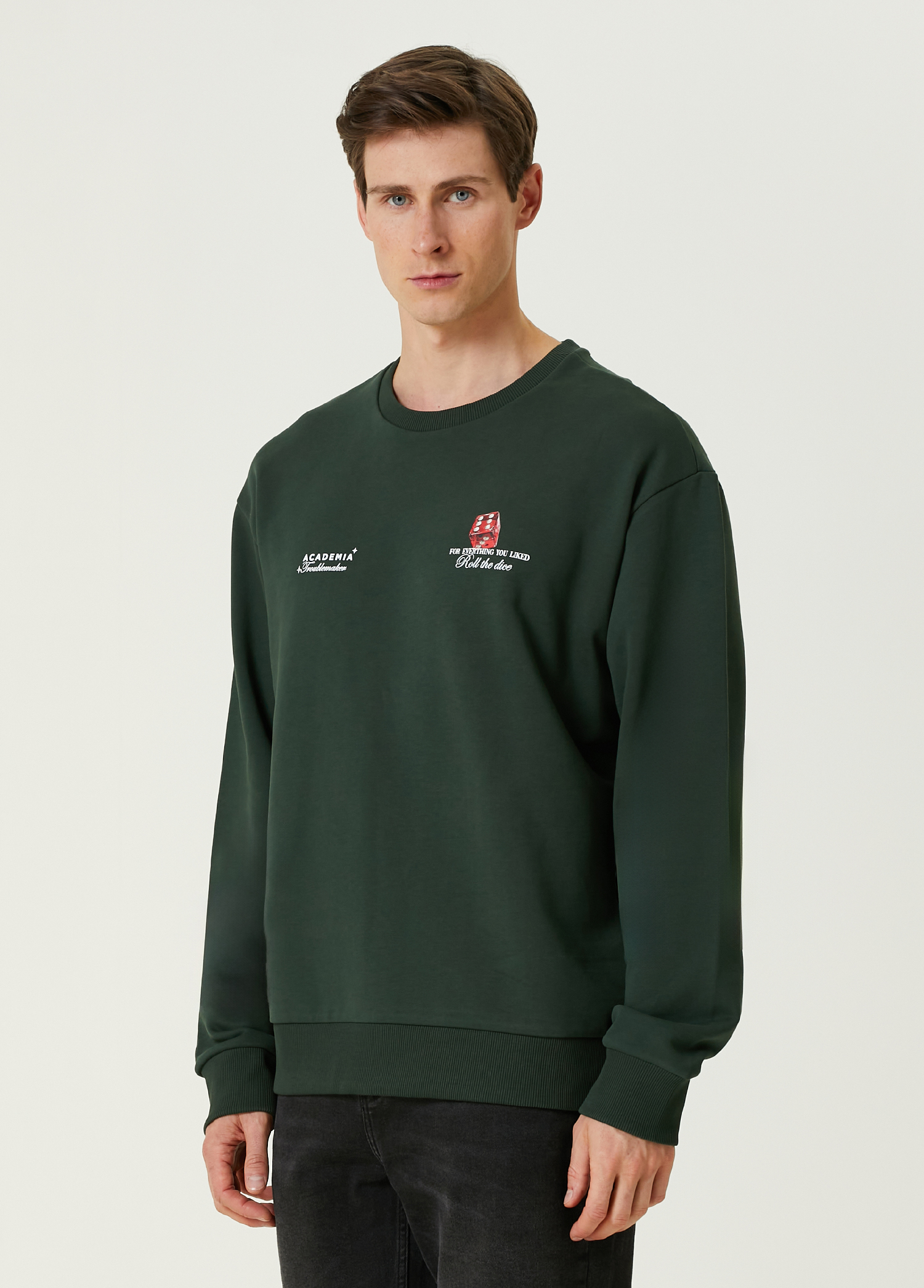 Koyu Yeşil Casino Zar Baskılı Sweatshirt