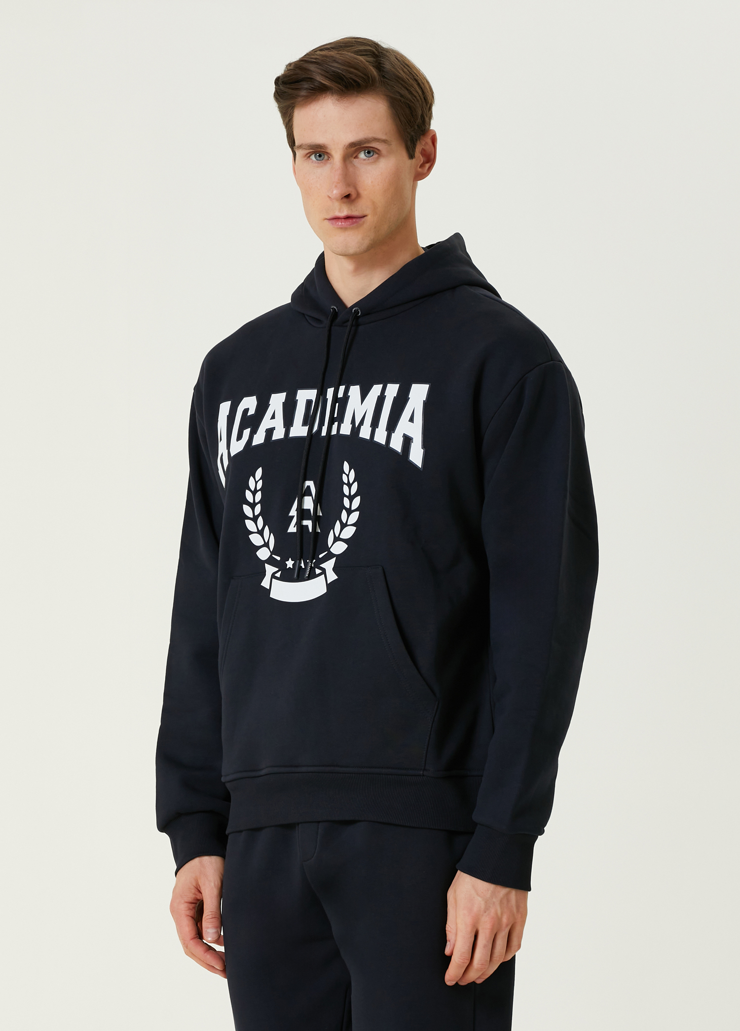 Lacivert Kapüşonlu Logo Baskılı Sweatshirt