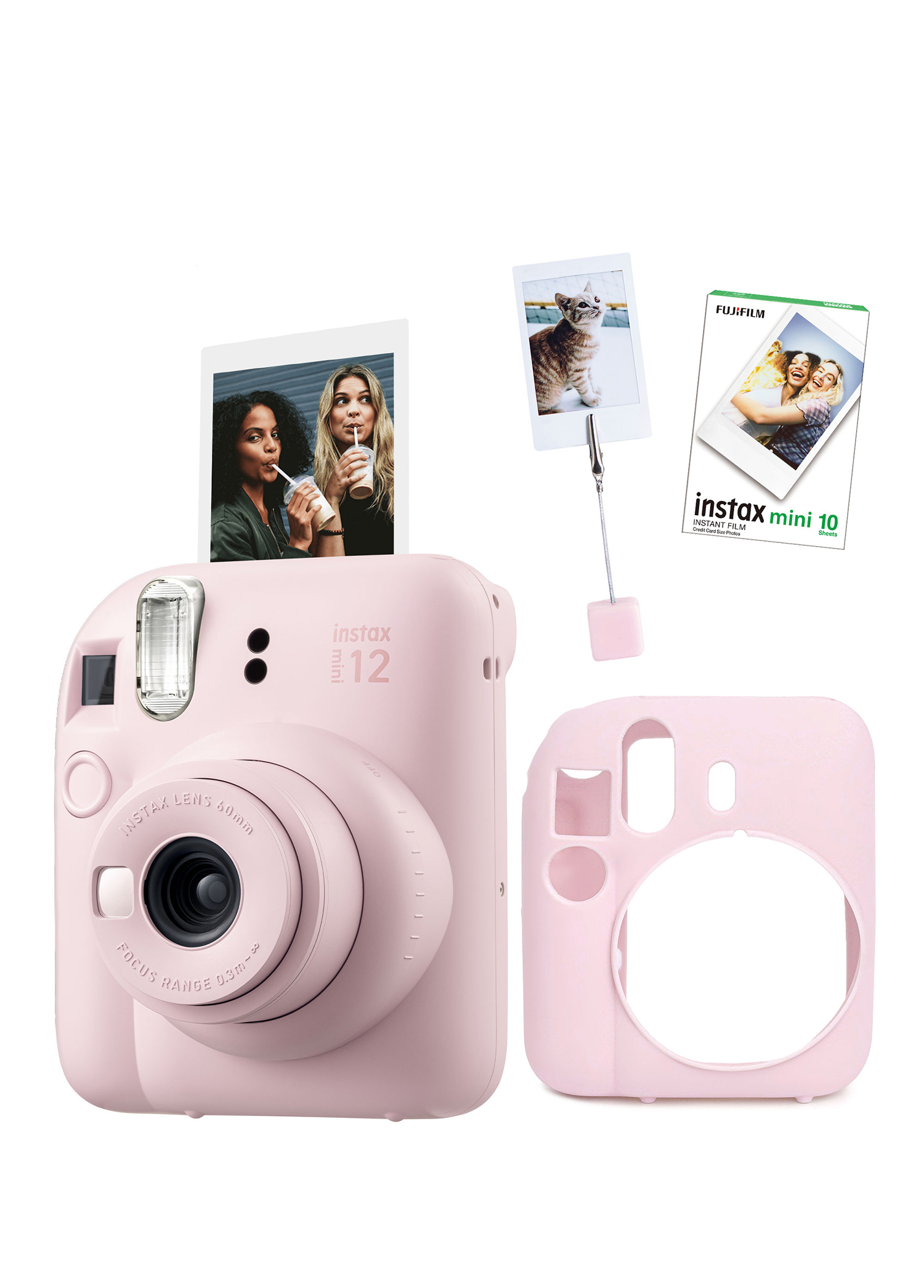 Instax Mini 12 Pembe Fotoğraf Makinesi + 10'lu Film Kıskaçlı Resim Standı ve Silikon Kılıf Seti