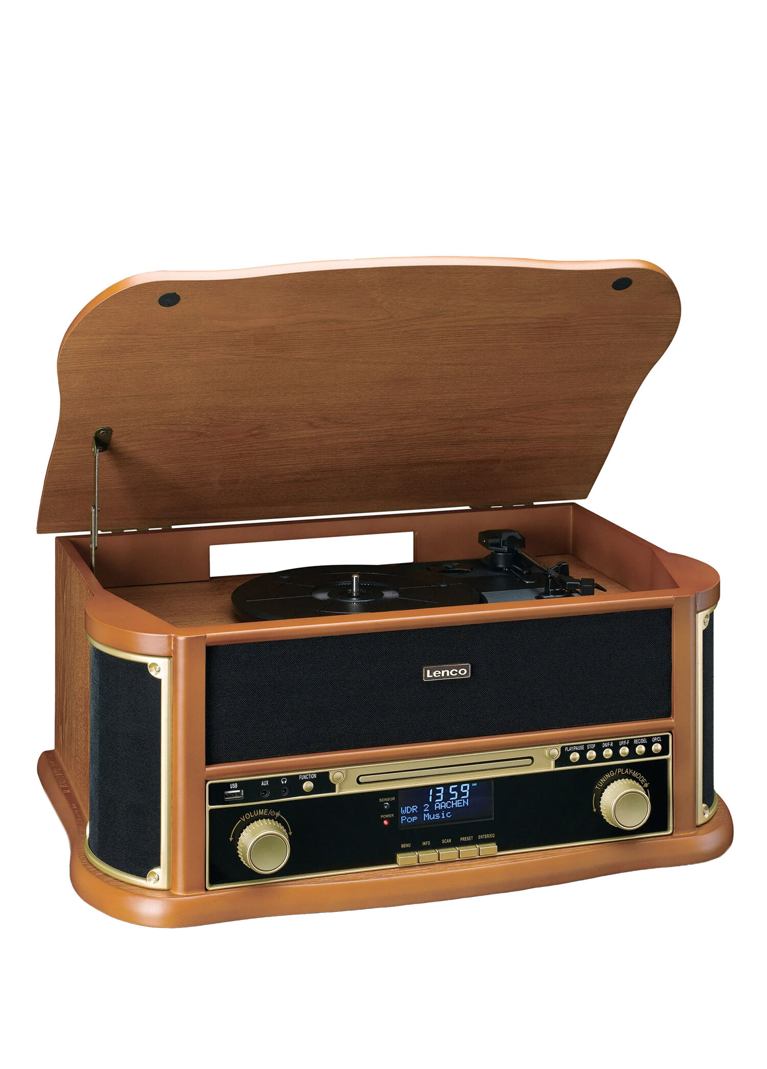 TCD-2571WD Ahşap Retro Bluetooth USB DAP FM Radyo CD Kaset Özellikli Pikap Plak Çalar
