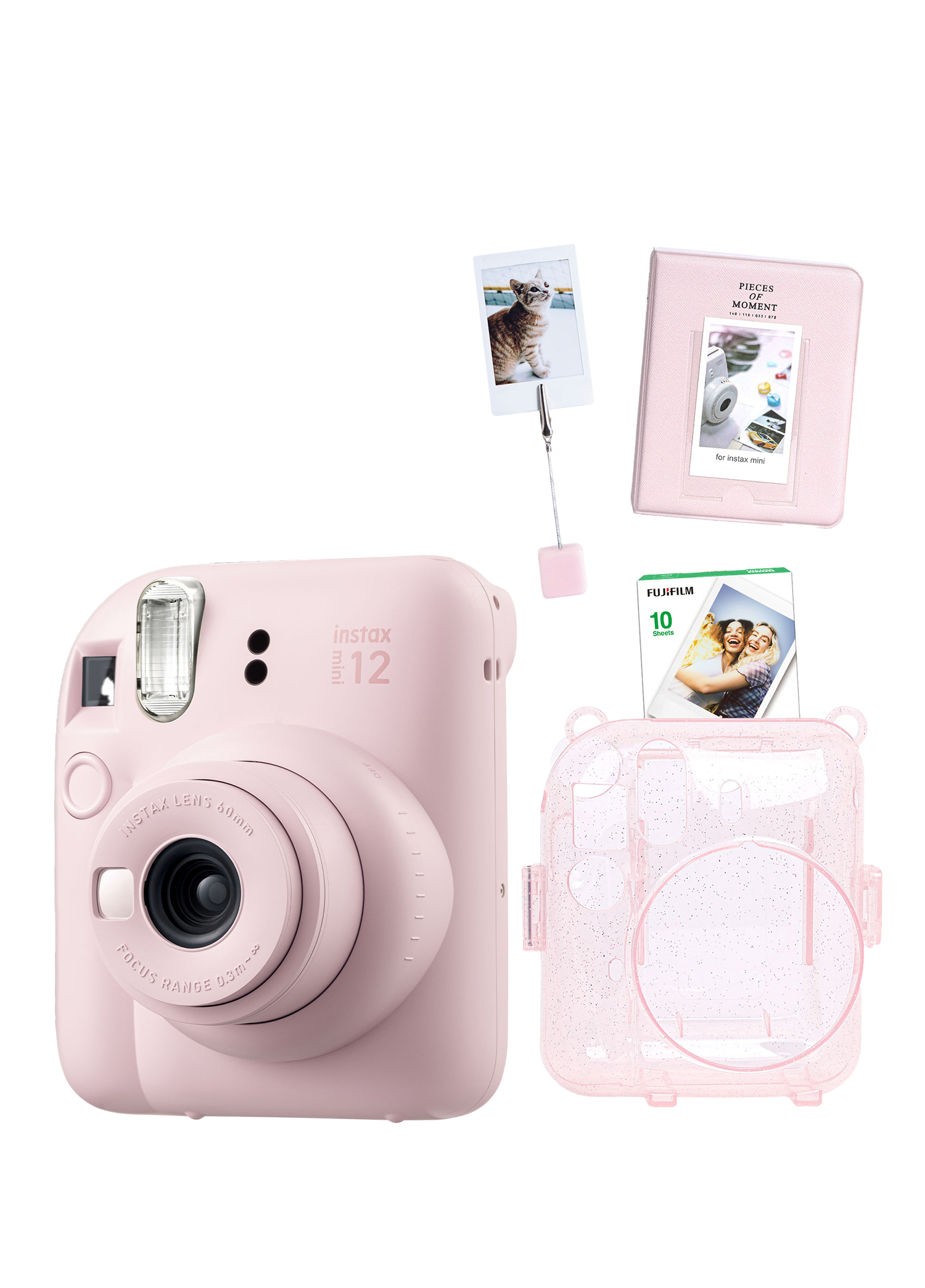 Instax Mini 12 Pembe Fotoğraf Makinesi + 10'lu Film Kıskaçlı Stand PVC Albüm ve Simli Pleksi Kılıf Seti