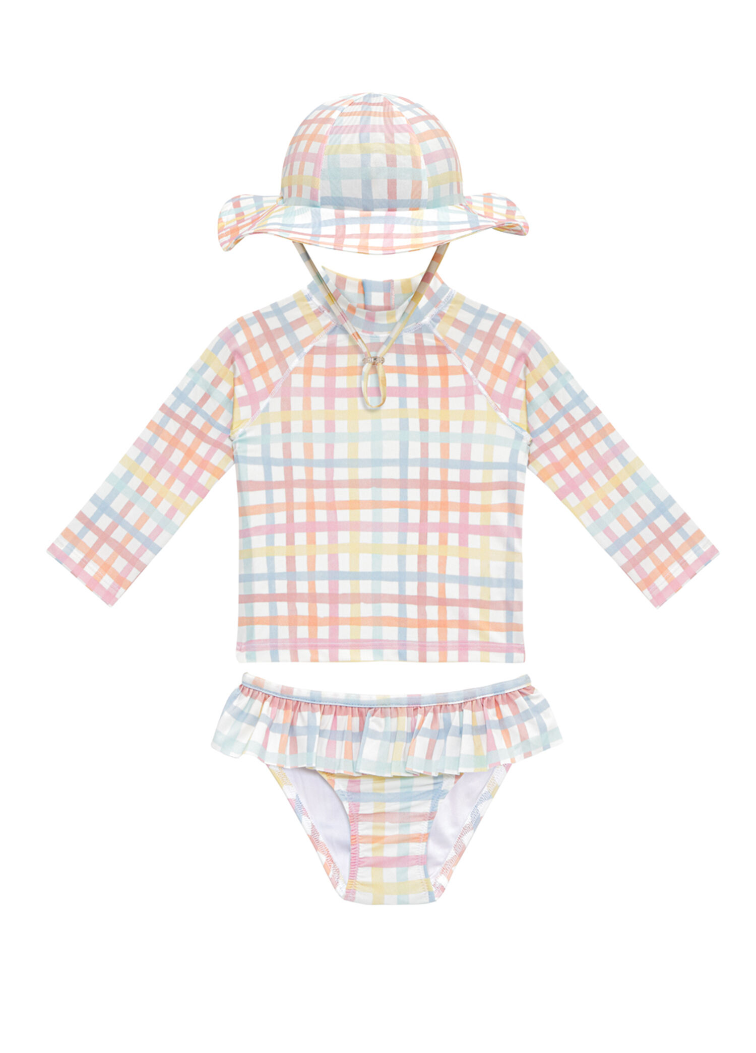 Rainbow Gingham UV Korumalı Uzun Kollu Şapkalı Kız Bebek Mayo Seti