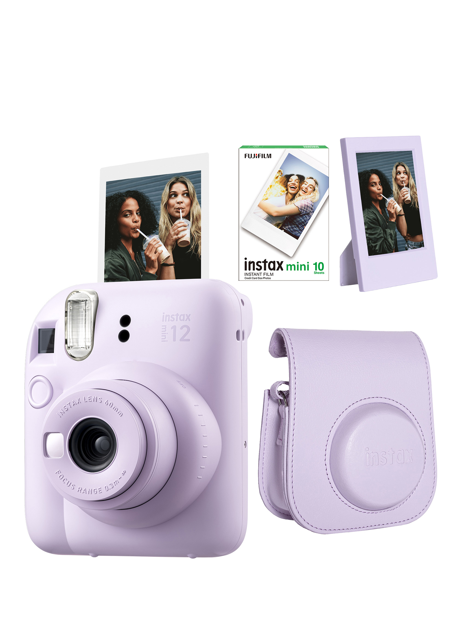 Instax Mini 12 Lila Fotoğraf Makinesi + 10'lu Film Çerçeve ve Deri Kılıf Seti