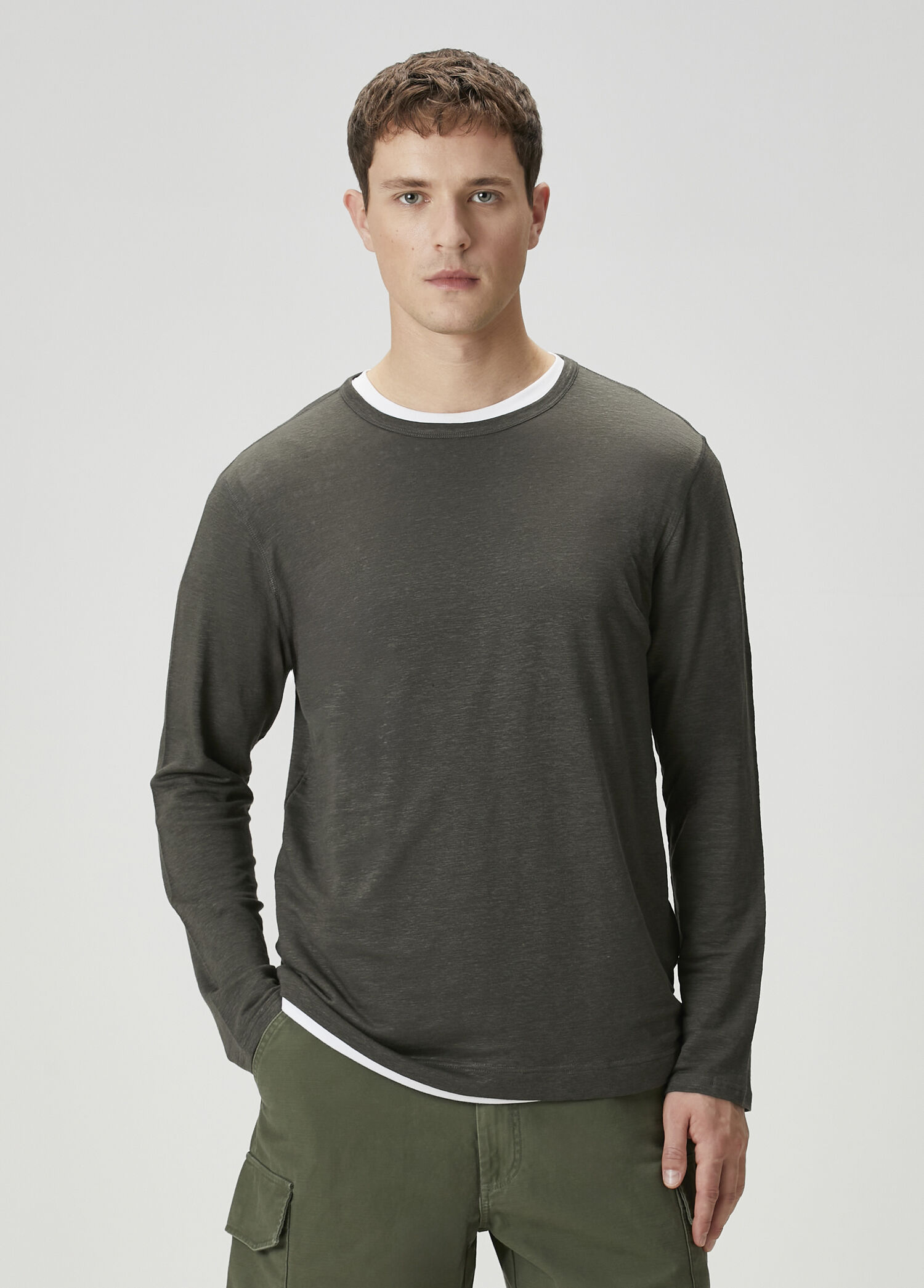 Gri Uzun Kollu Keten T-shirt