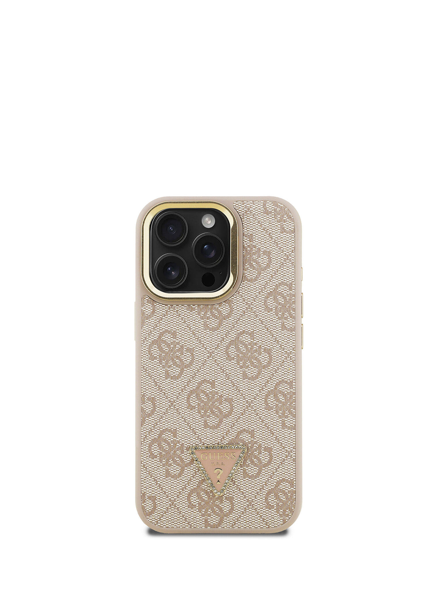 iPhone 15 Pro Max Pembe Deri Taşlı Üçgen Logo 4G Desenli Kamera Standlı Telefon Kılıfı