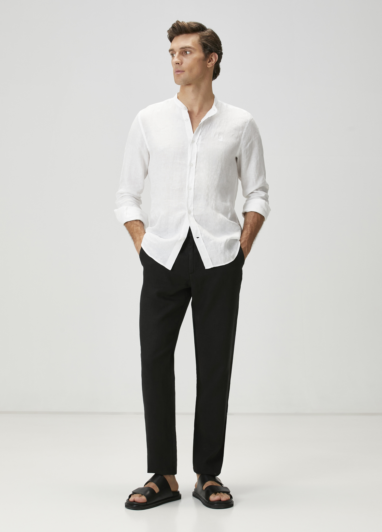 Black Waist Corded Linen Trousers