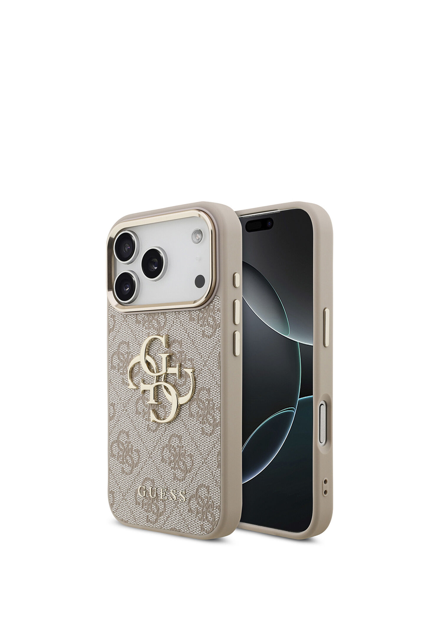 iPhone 17 Pro Gold Metal Kamera Çerçeveli 4G Desenli Metal Büyük Logolu Pembe Telefon Kılıfı