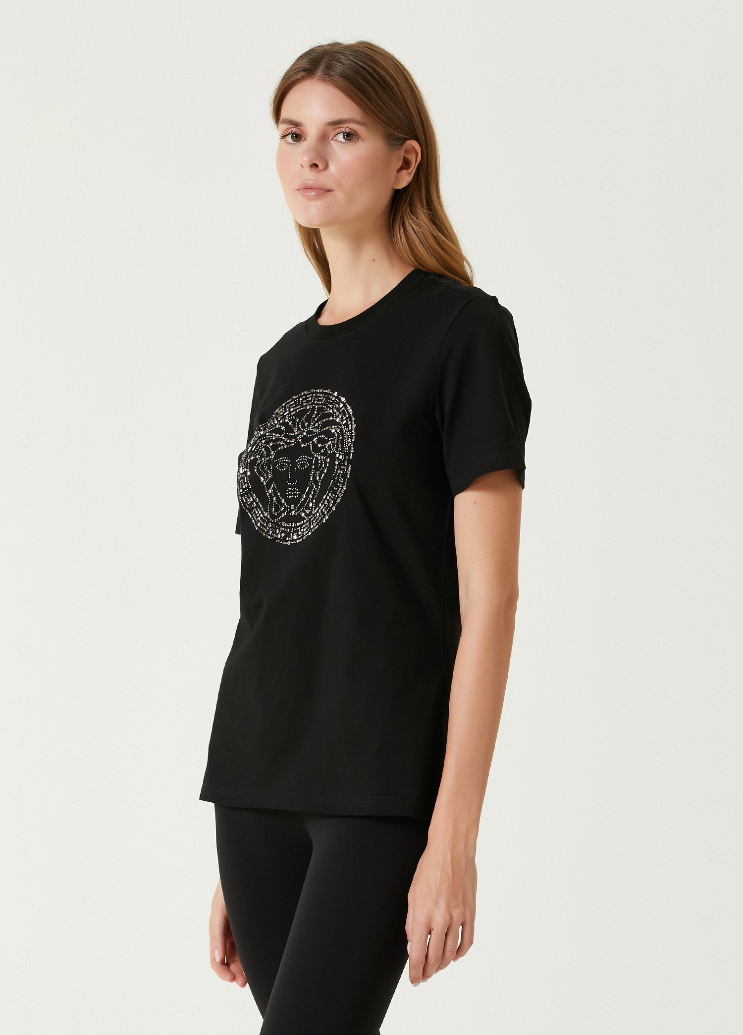 Siyah Taşlı Medusa İşlemeli T-shirt