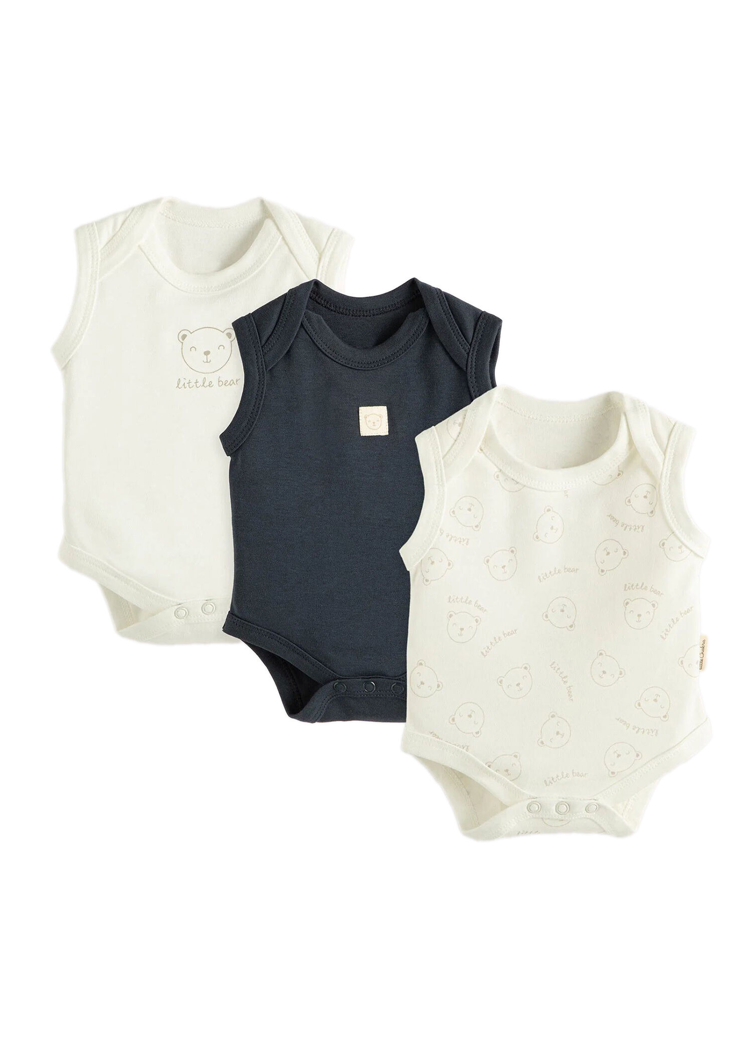 Cool Bear Ekru Lacivert Kolsuz Unisex Bebek 3'lü Çıtçıtlı Body Seti