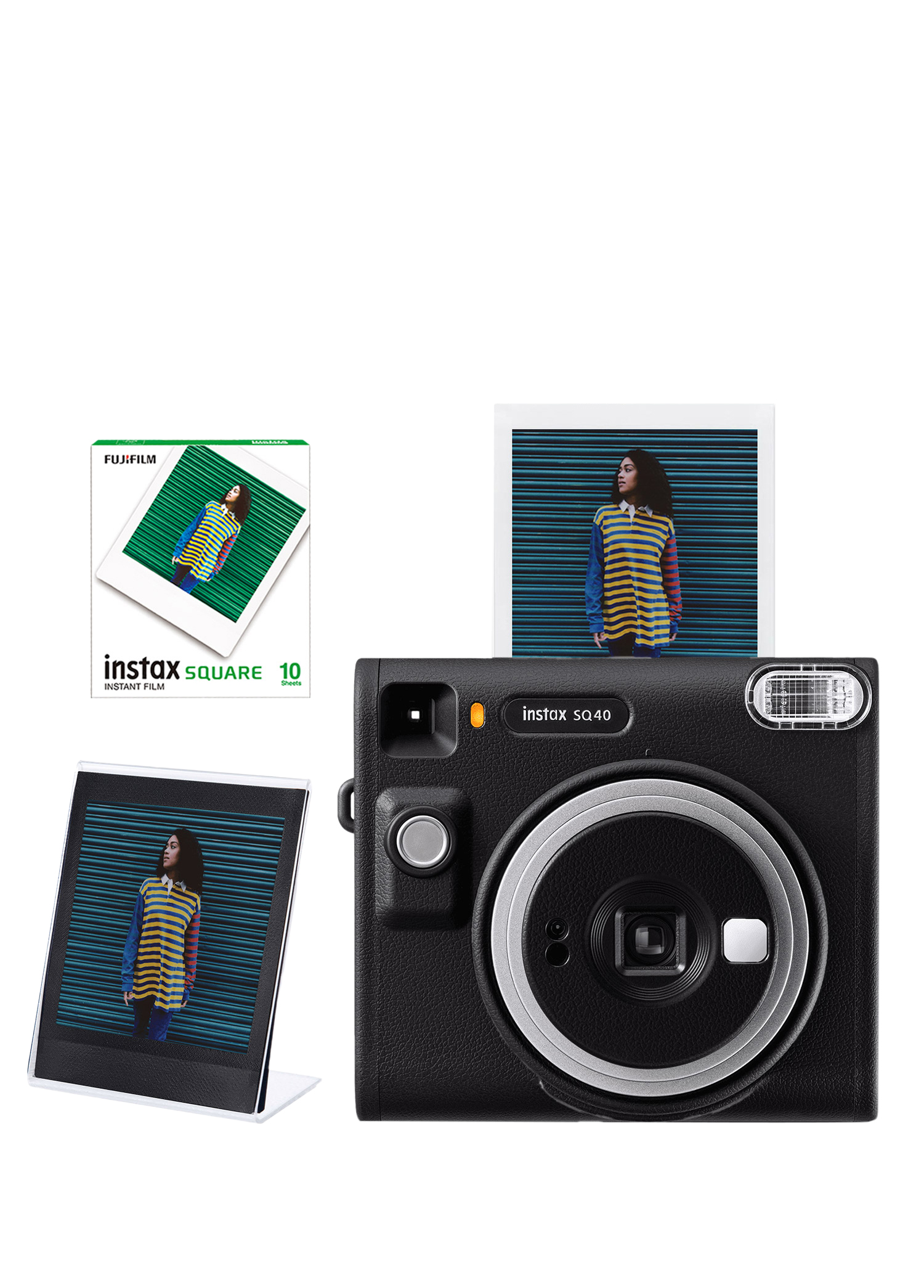 Instax SQ40 Siyah Fotoğraf Makinesi + 10'lu Kare Film ve Pleksi Çerçeve Seti