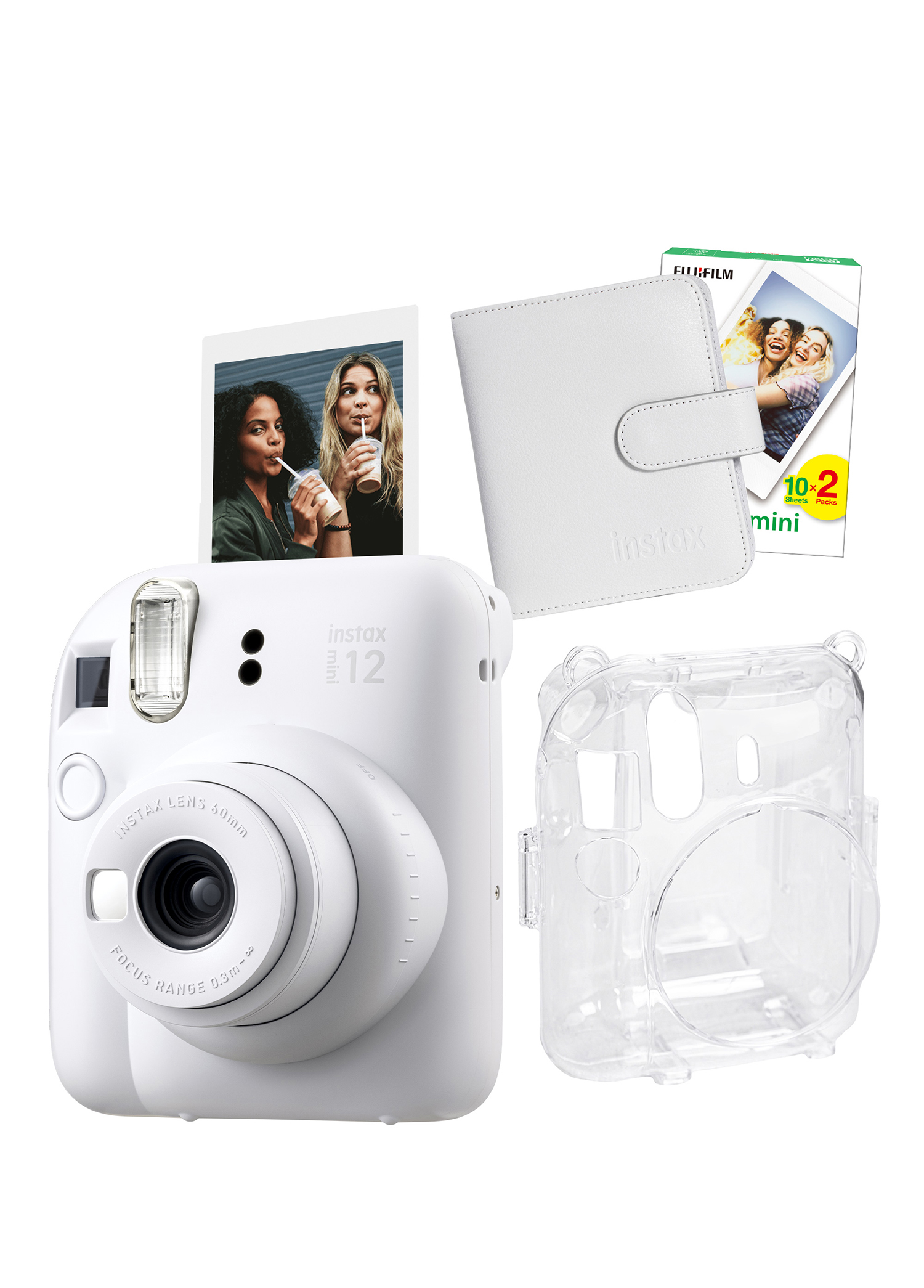 Instax Mini 12 Beyaz Fotoğraf Makinesi + 20'li Film Kare Albüm ve Şeffaf Kılıf Seti