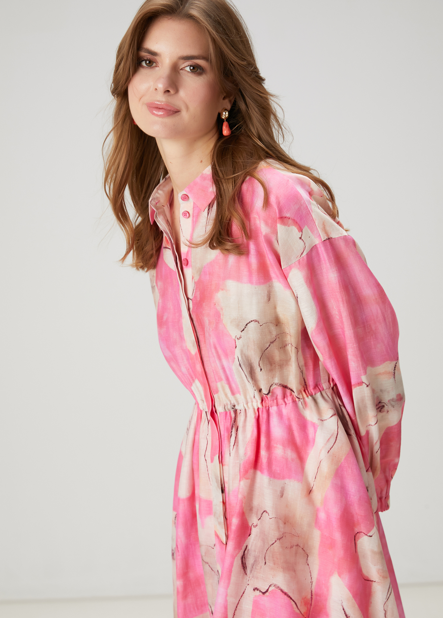 Pembe Çiçekli Midi Organza Elbise_1