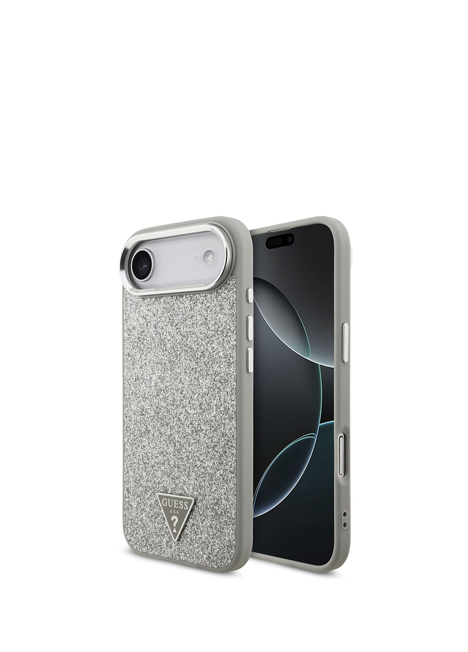 iPhone 17 Air Metal Kamera Çerçeveli Üçgen Logolu Glitter Gri Magsafe Uyumlu Telefon Kılıfı