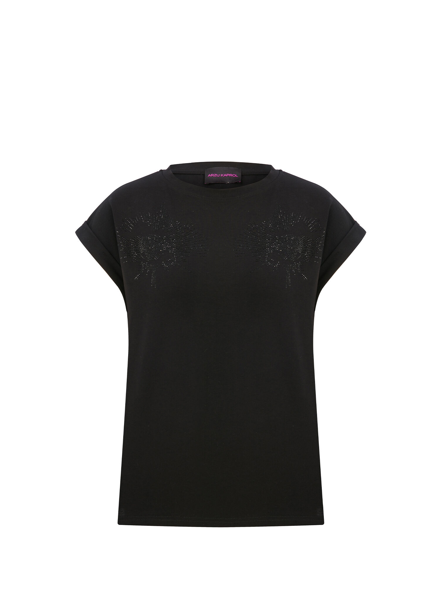 Siyah İşleme Detaylı Kısa Kollu Kadın T-Shirt