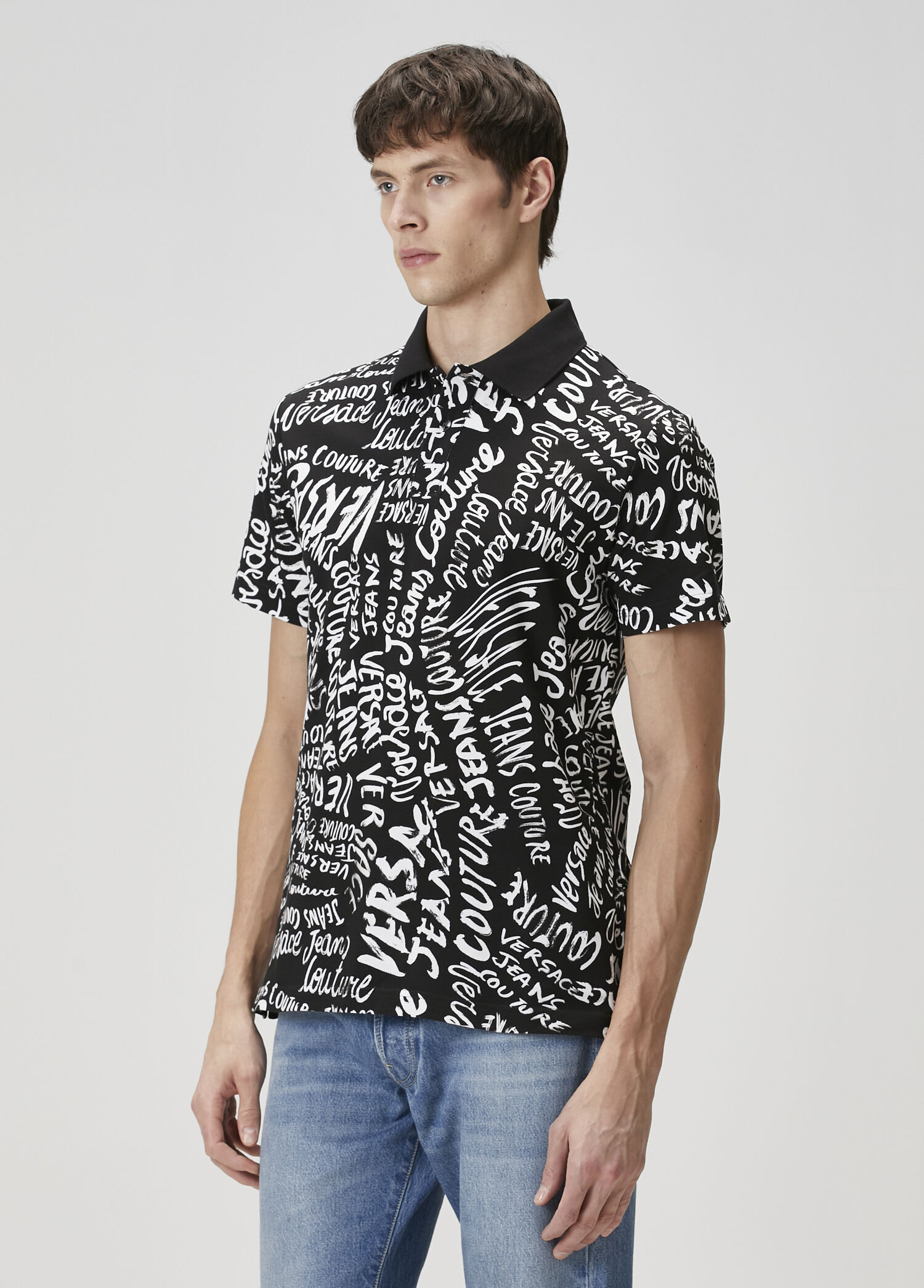 Versace Jeans Couture - Siyah Beyaz Polo Yaka T-shirt - Siyah-Beyaz