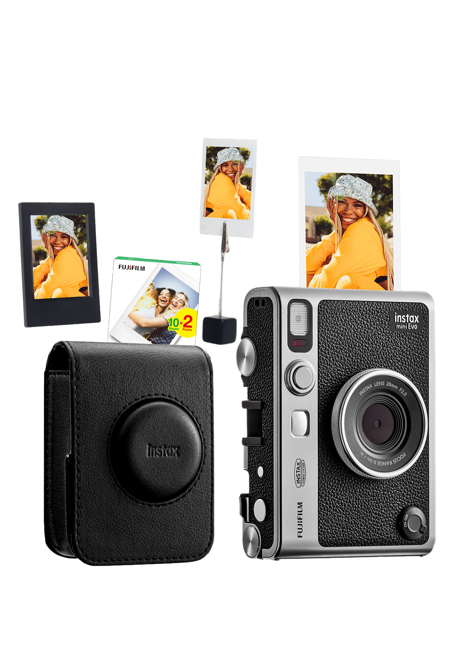 Instax Mini Evo Siyah Fotoğraf Makinesi + 20'li Film Deri Kılıf Çerçeve ve Kıskaçlı Stand