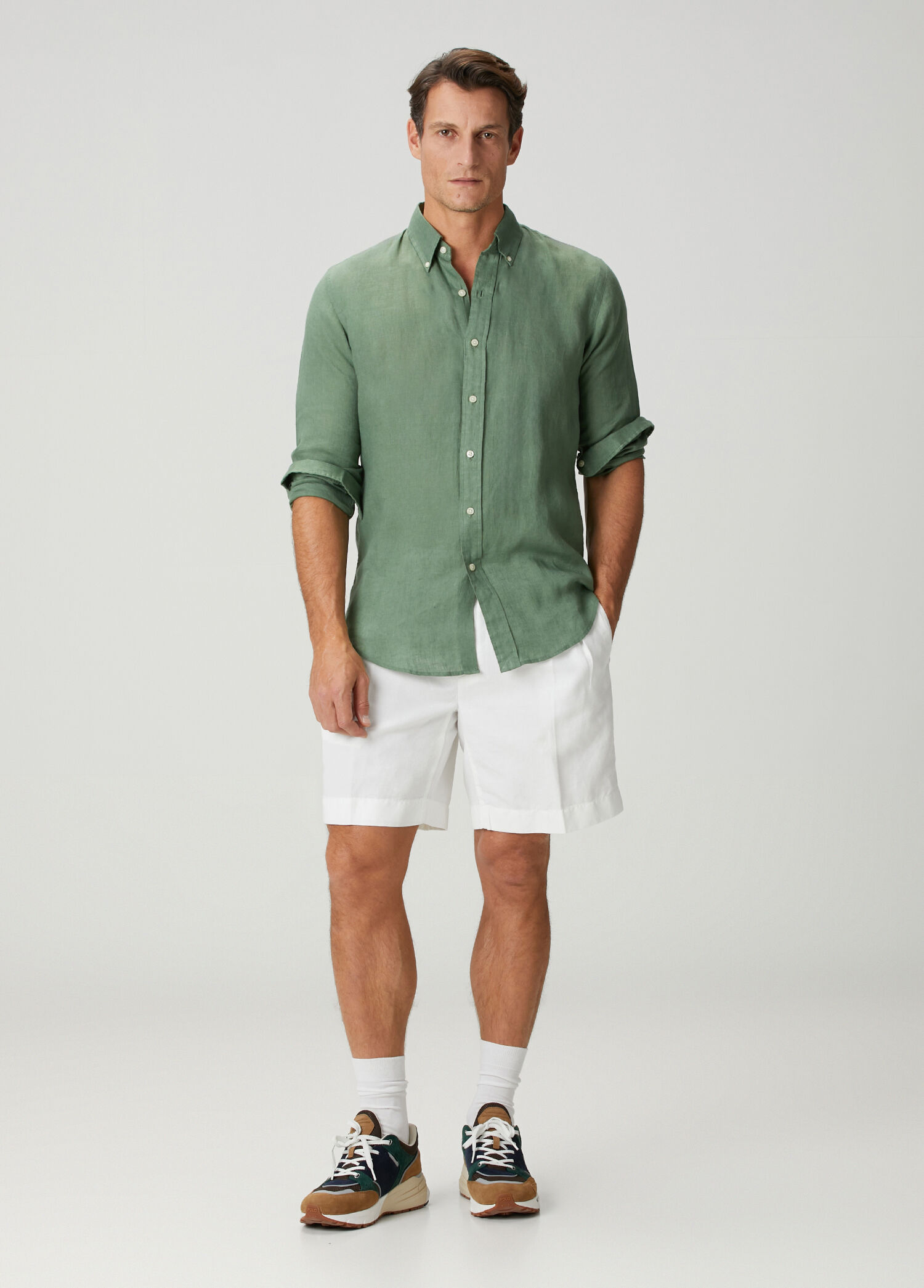 Straight Fit Beyaz Keten Bermuda