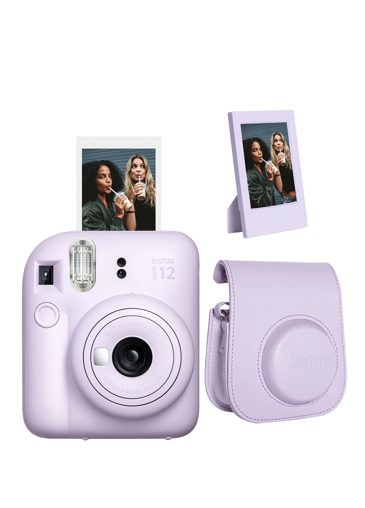 Instax Mini 12 Lila Fotoğraf Makinesi + Çerçeve ve Deri Kılıf Seti