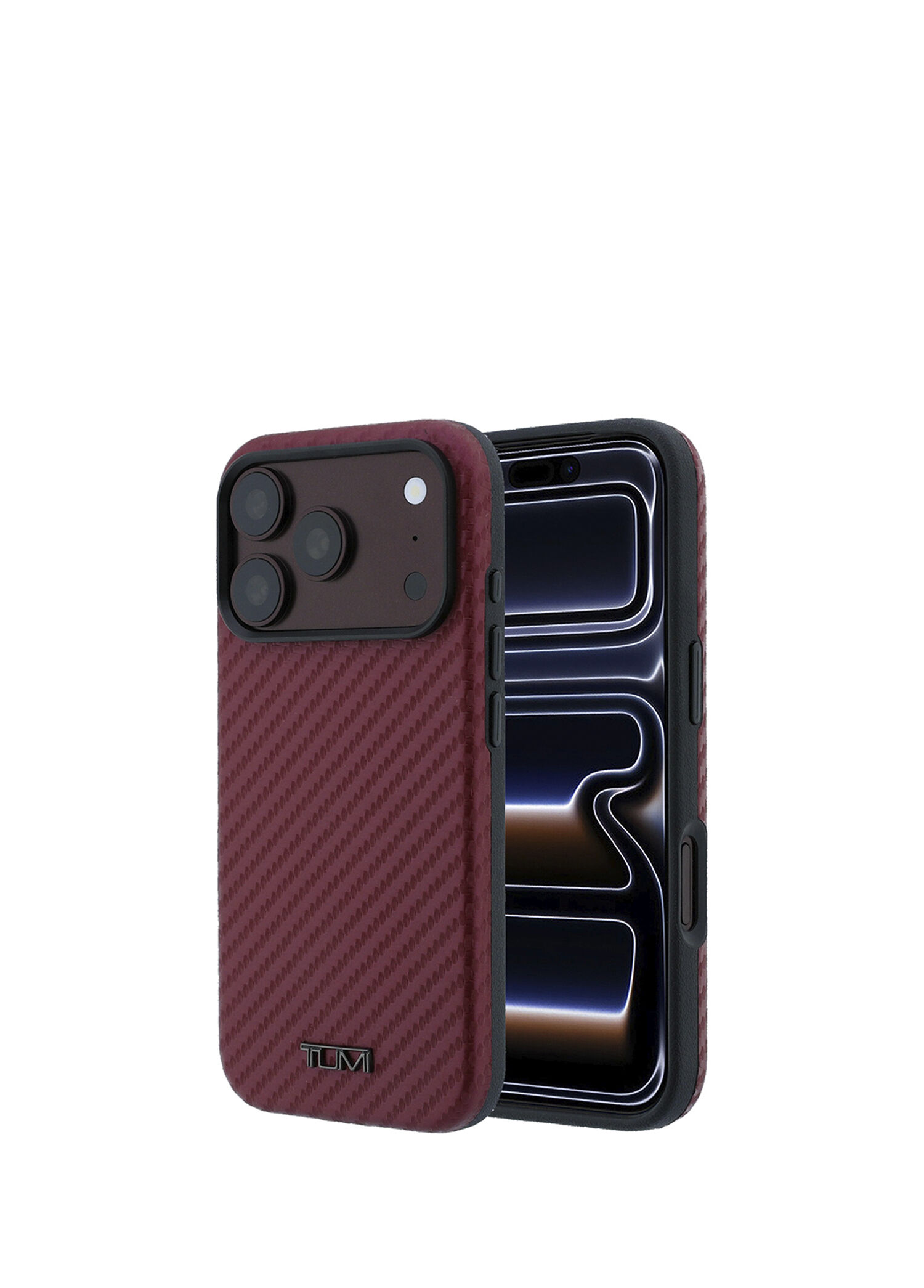 Tumi - iPhone 18 Pro Karbon Tasarımlı PU Metal Logolu MagSafe Telefon Kılıfı - Bordo