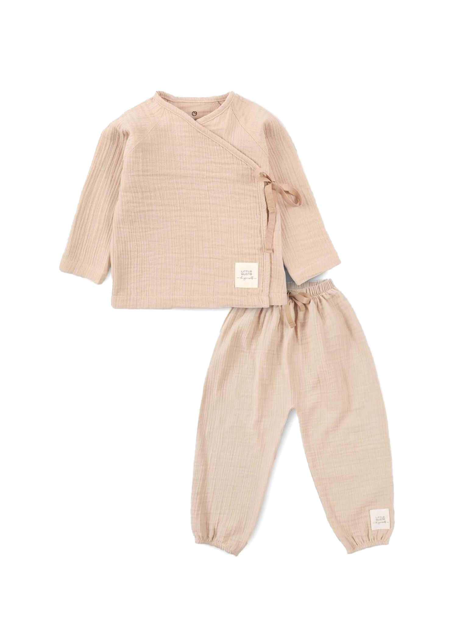 Müslin Kruvaze Bej Organik Pamuk Pantolon Bluz Unisex Bebek 2'li Set