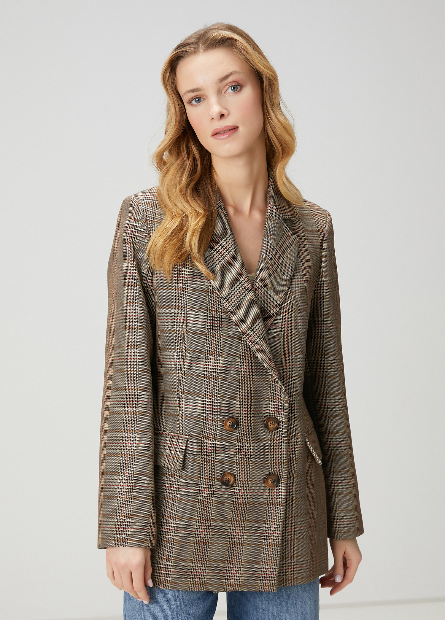 Kamel Ekose Desenli Yün Kruvaze Blazer_3