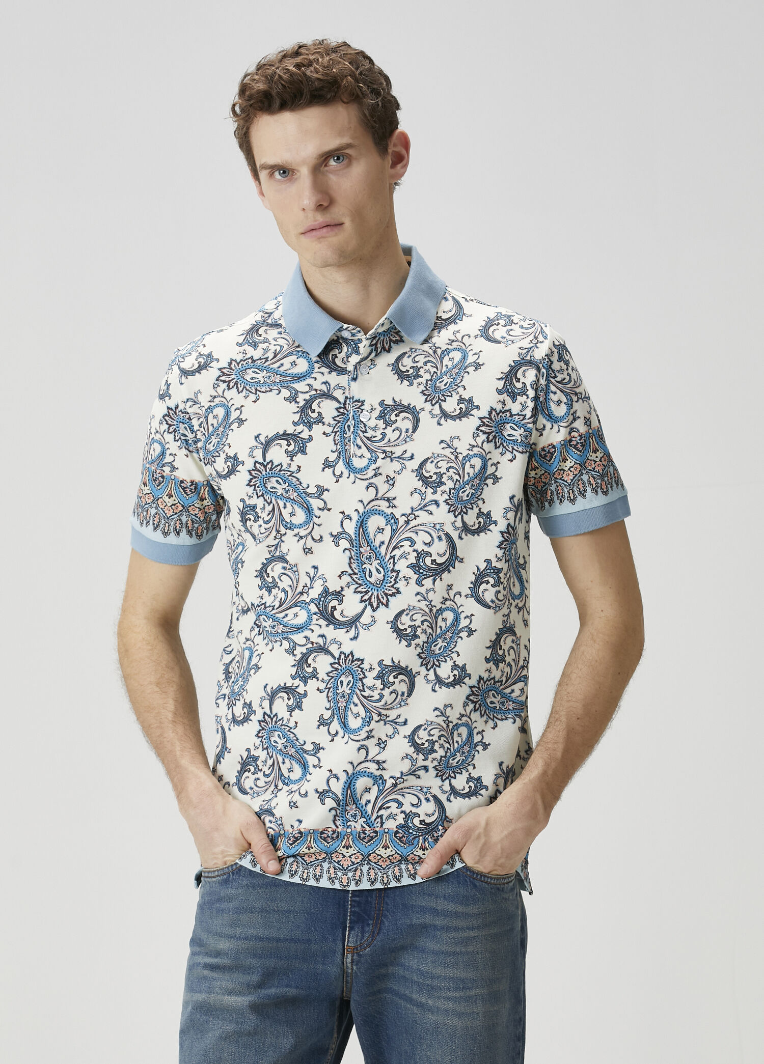 Mavi Şal Desenli Polo Yaka T-shirt