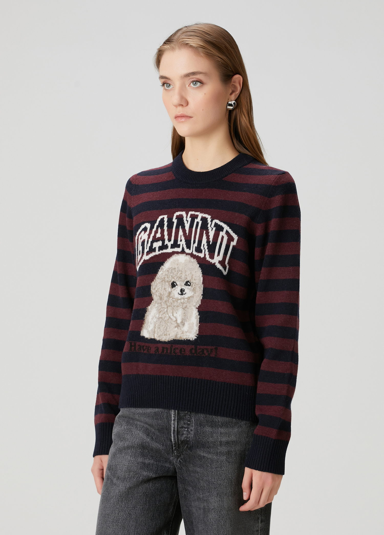 Ganni Çok Renkli Kadın Bordo Çizgili Poodle Jakarlı Kazak 1785851