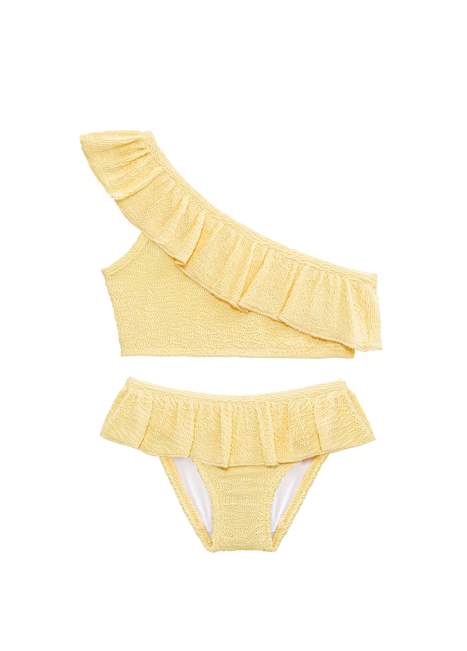 Butter Yellow Fırfırlı Dokulu Tek Omuz UV Korumalı Kız Çocuk Bikini Takımı