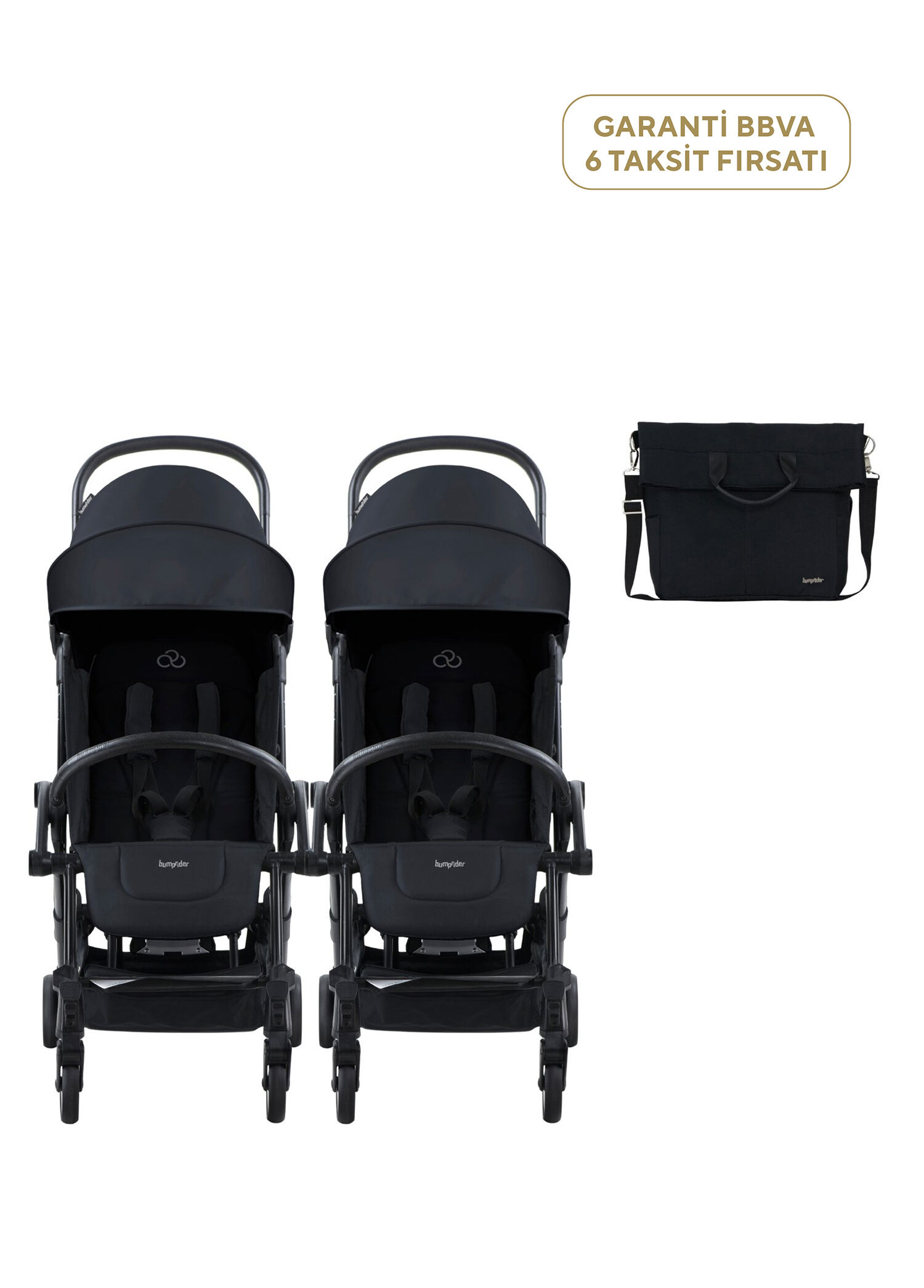 Connect³ Black Black İkiz Bebek Arabası ve Hediye Yan Bakım Çantası