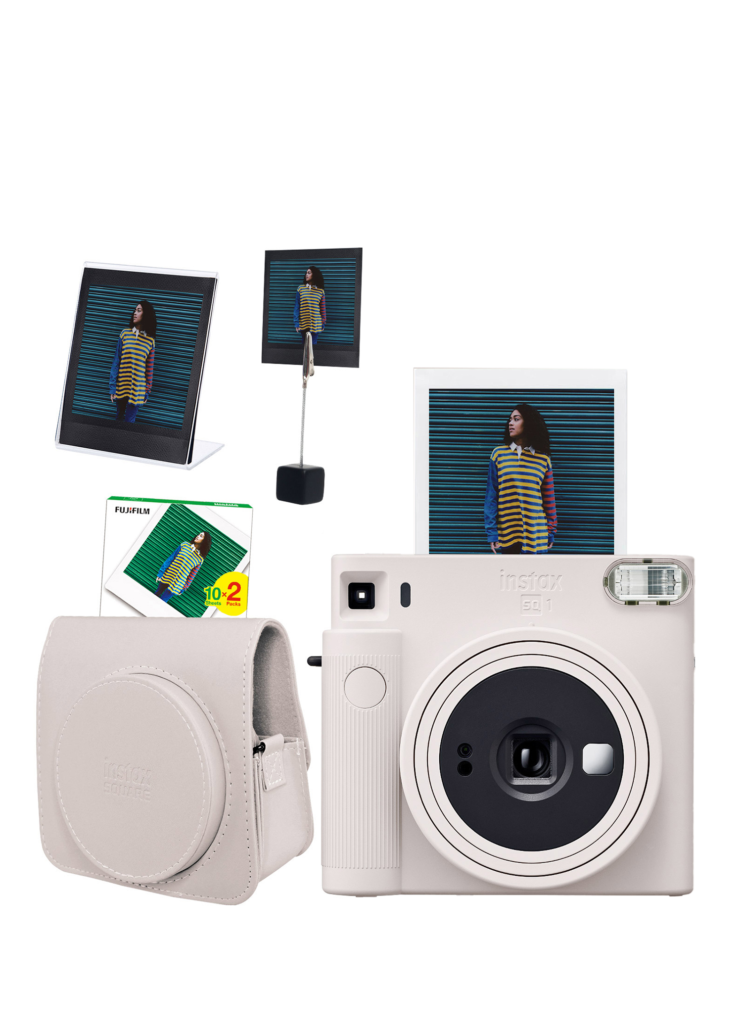 Instax SQ1 Beyaz Fotoğraf Makinesi + 20li Kare Film Deri Kılıf Pleksi Çerçeve ve Kıskaçlı Stand Seti