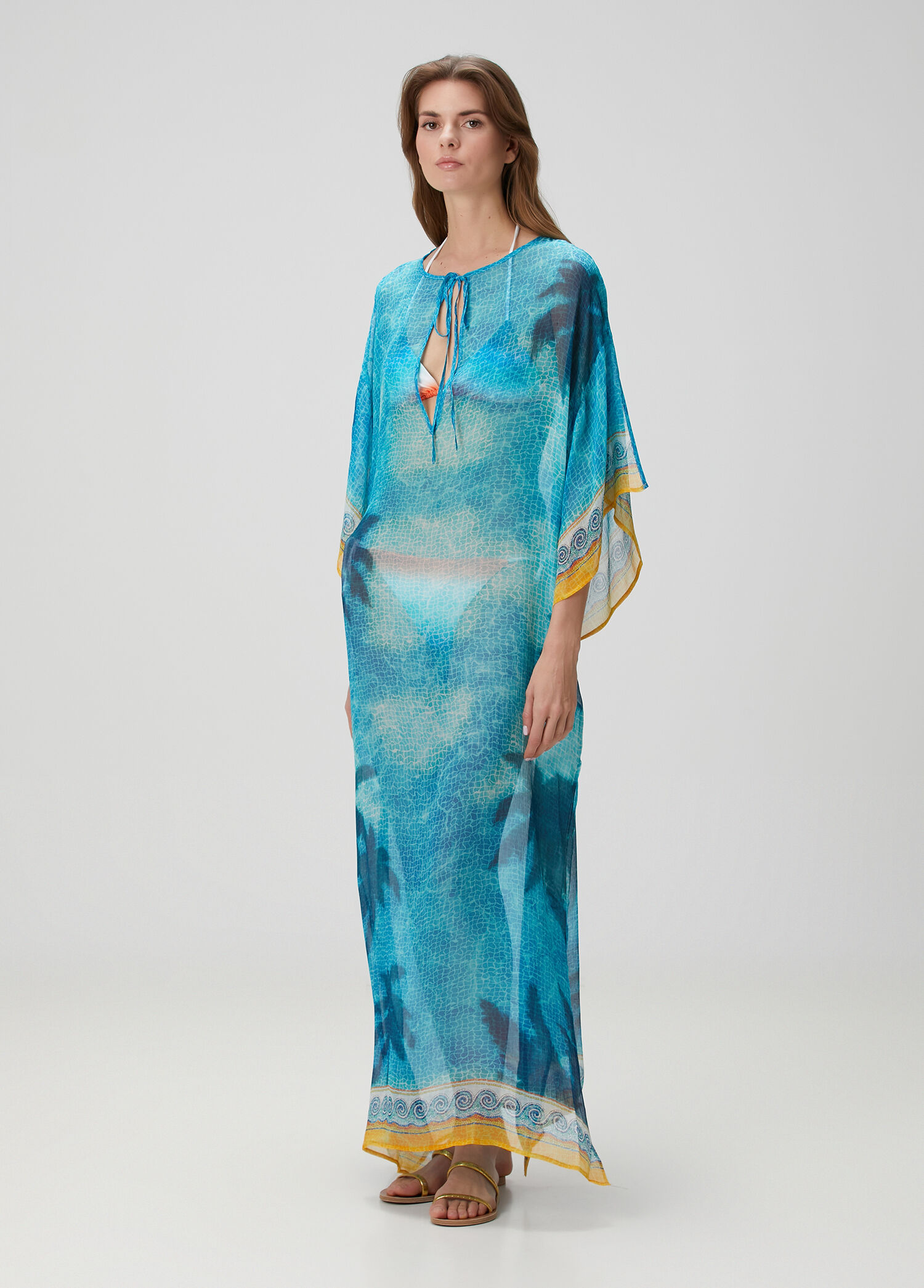 Mavi Desenli İpek Kaftan