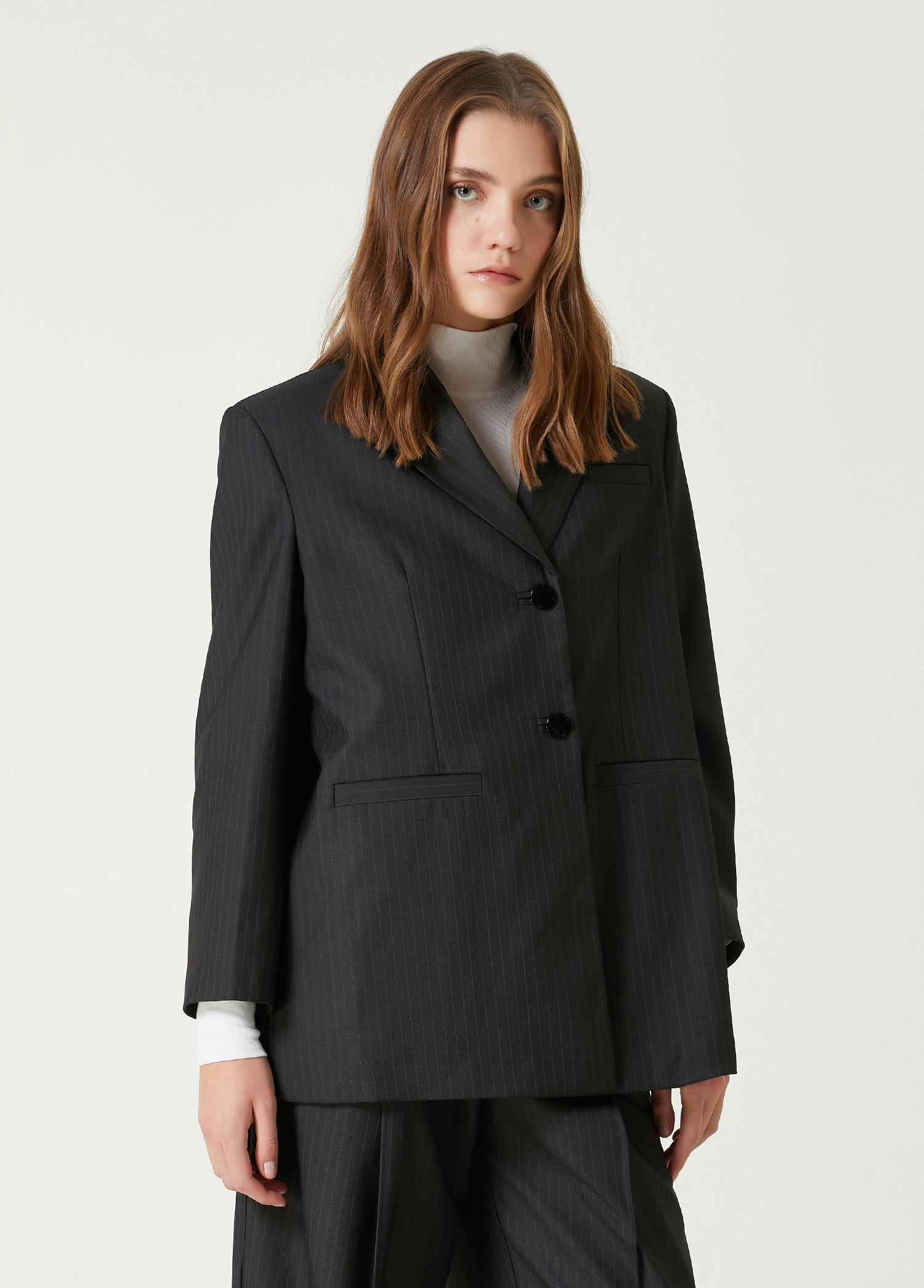 Oversized Gri Çizgili Blazer