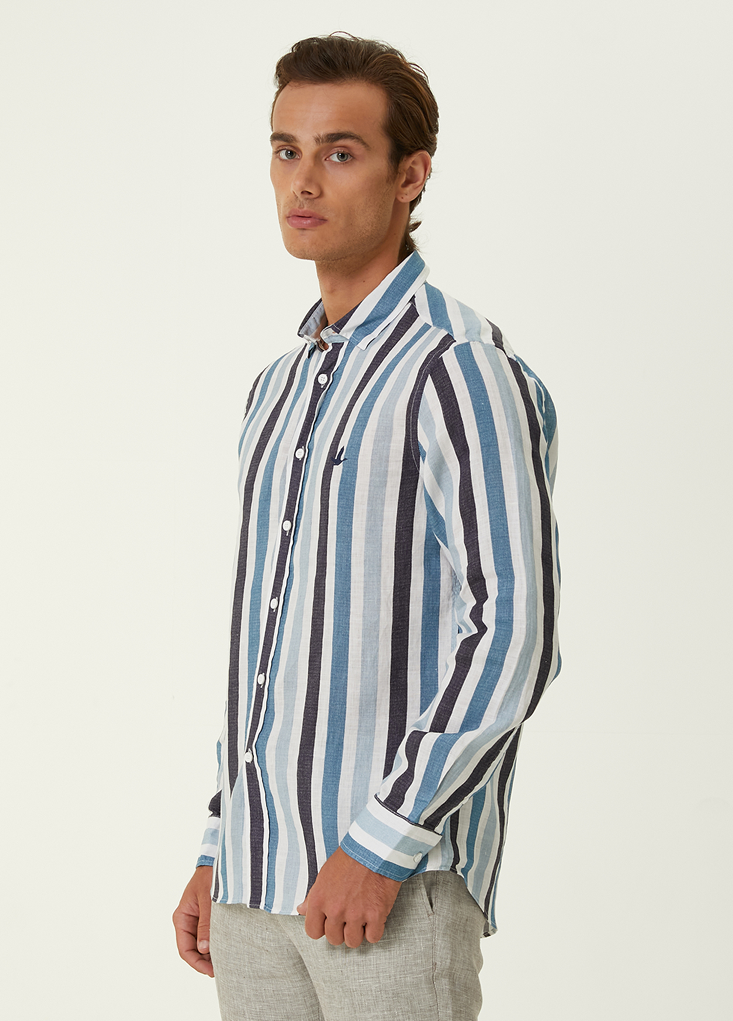 Comfort Fit Mavi Kalın Çizgi Desenli Keten Gömlek_2