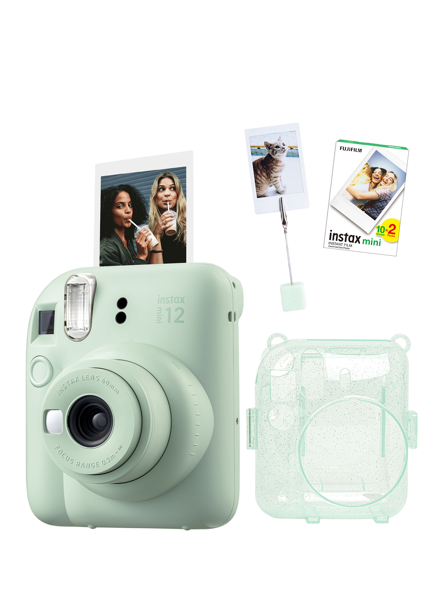 Instax Mini 12 Yeşil Fotoğraf Makinesi + 20'li Film Kıskaçlı Resim Standı ve Simli Pleksi Kılıf Seti