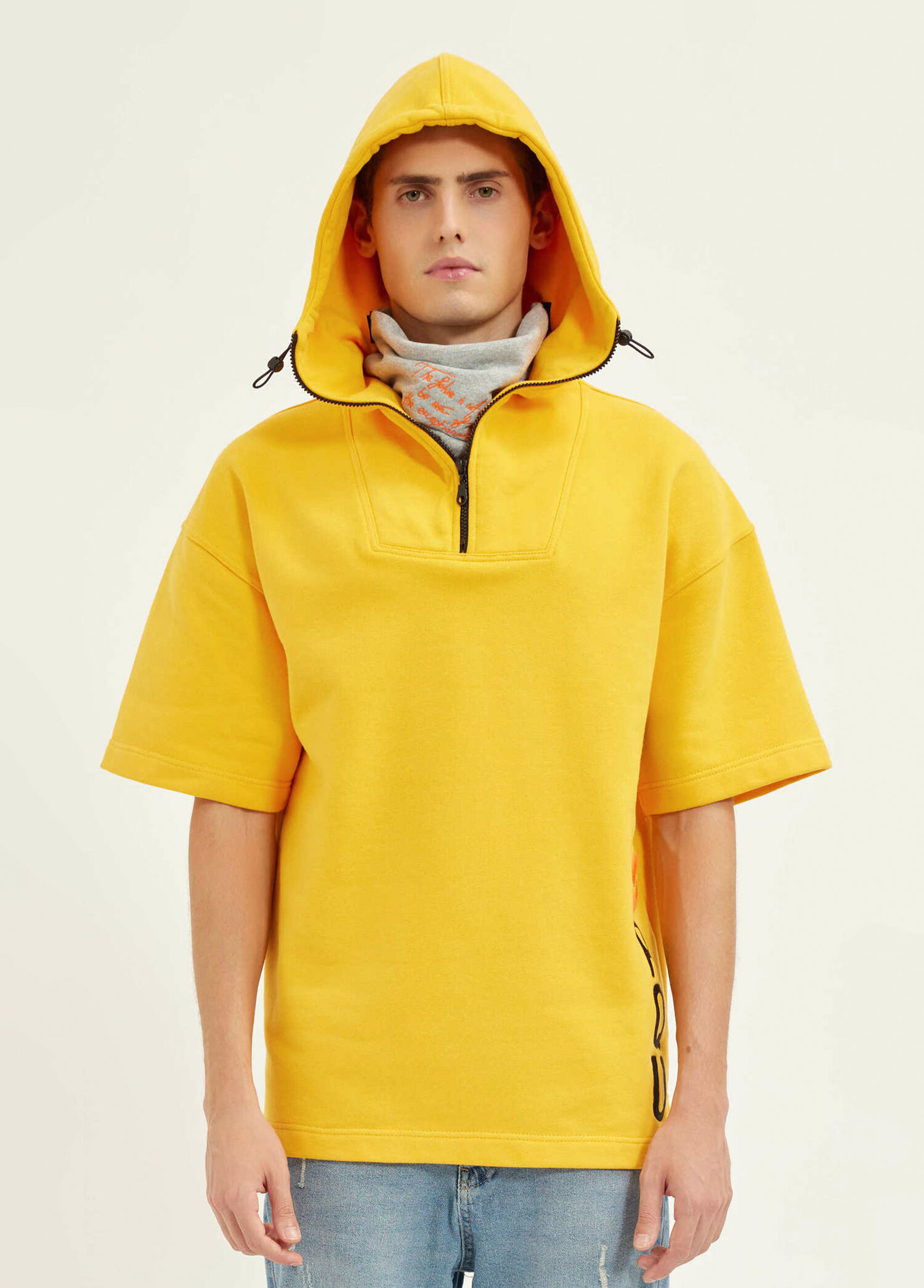 Emuq Oversize Siber Sarı Kapüşonlu ve Maskeli Erkek Sweatshirt