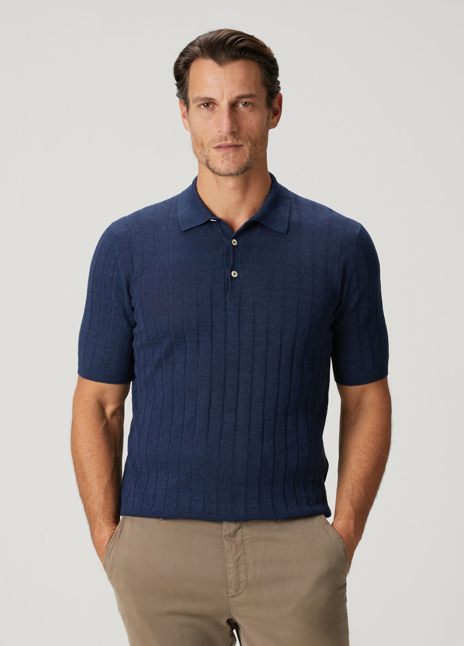 Lacivert Polo Yaka Çizgi Jakarlı Keten T-shirt
