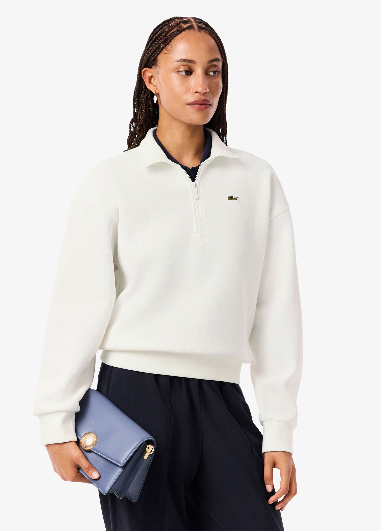Beyaz Relaxed Fit Yarım Fermuarlı Kadın Sweatshirt