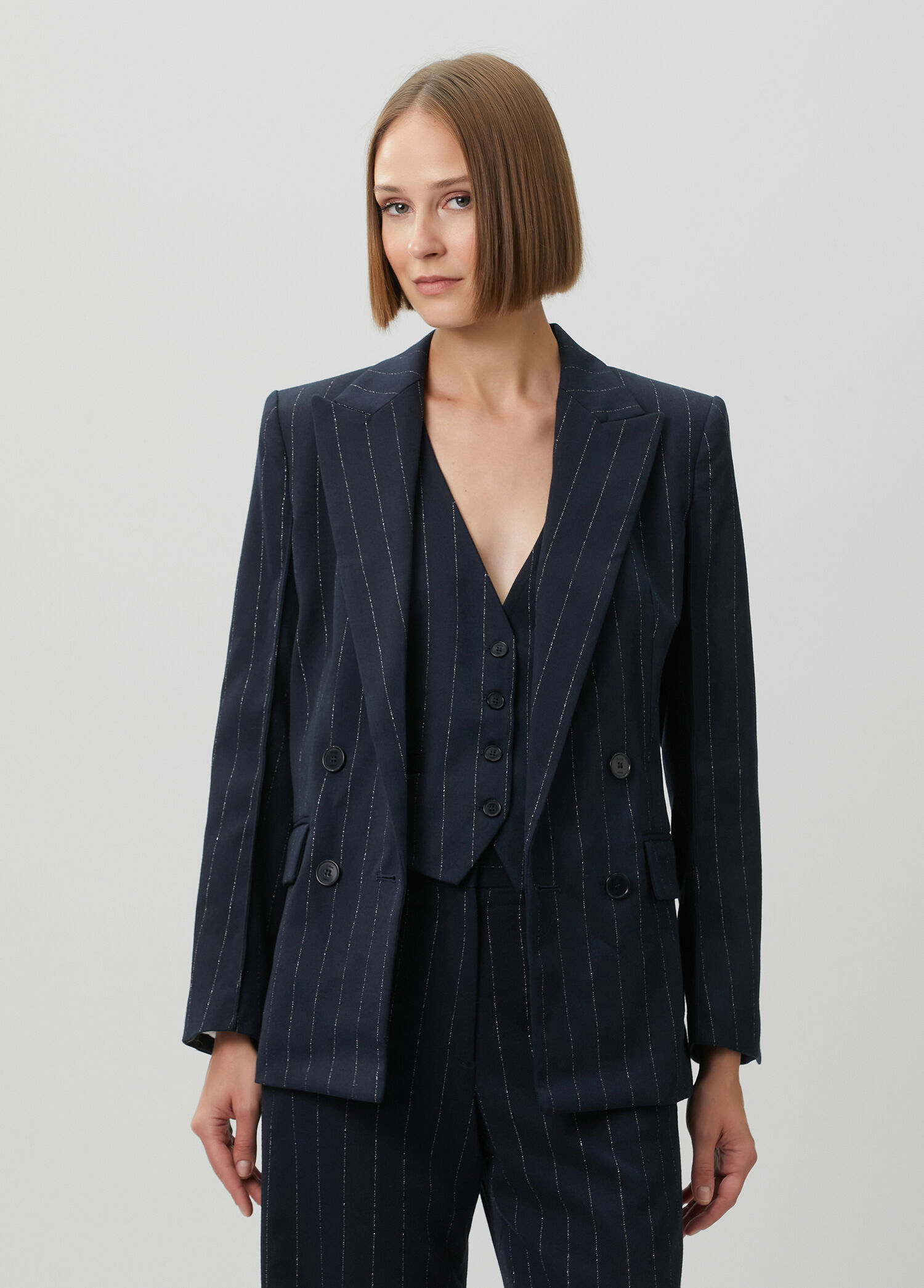 Vipanello Navy Blue Striped Double-Breasted Jacket