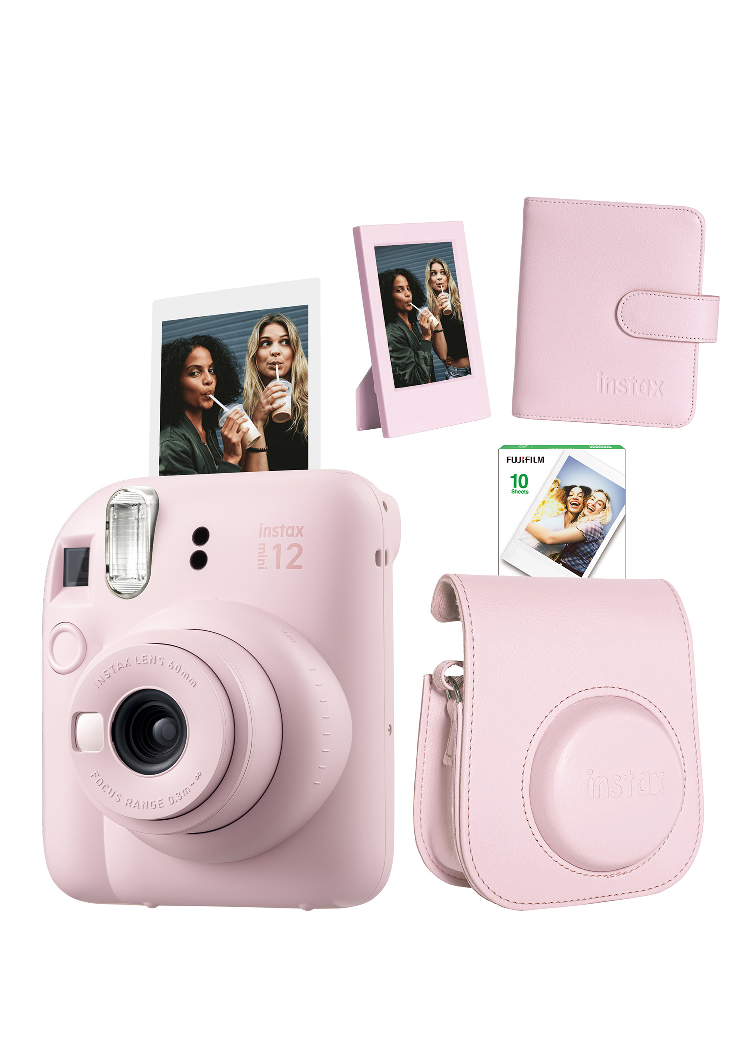 Instax Mini 12 Pembe Fotoğraf Makinesi 10'lu Film Çerçeve Kare Albüm ve Deri Kılıf Seti