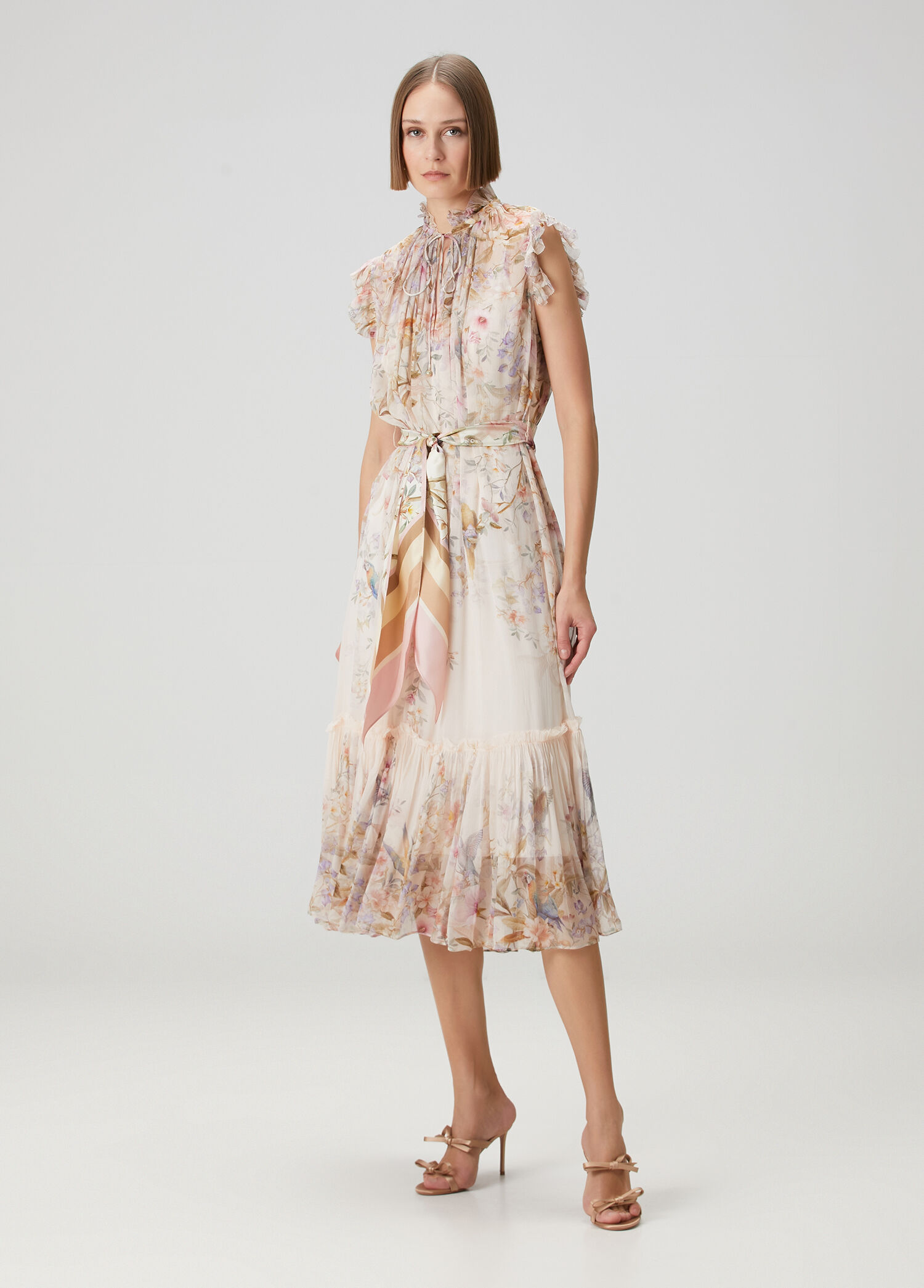 Rebellion Flutter Krem Çiçekli Midi Elbise