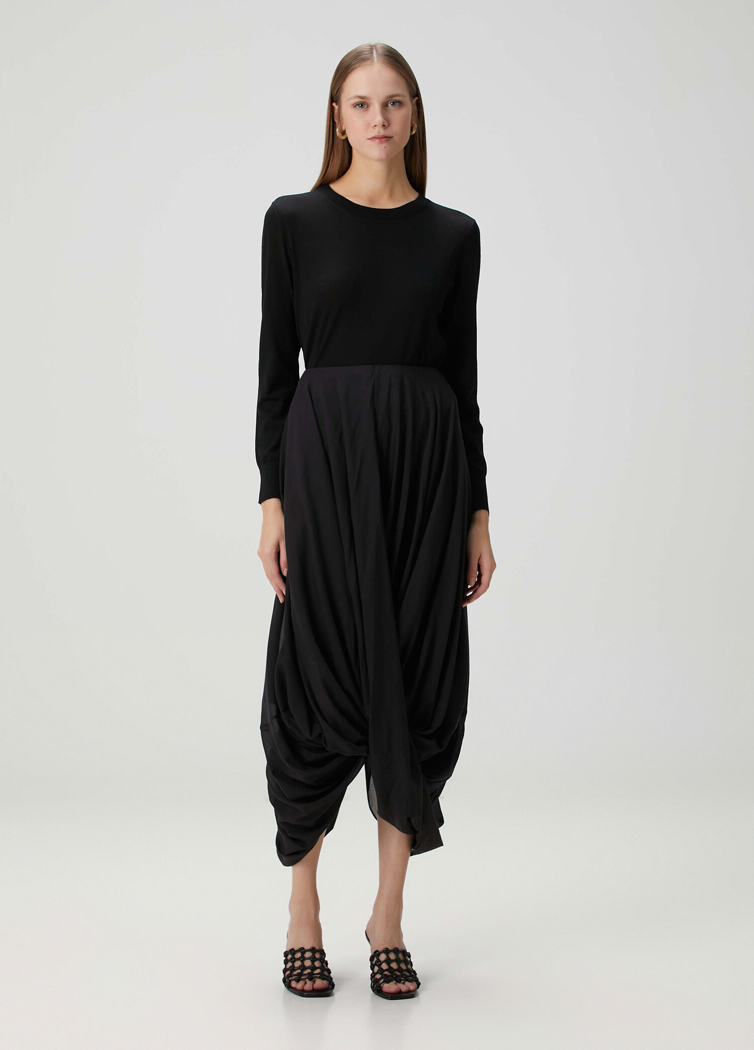 Cocoon Siyah Drapeli Midi Etek