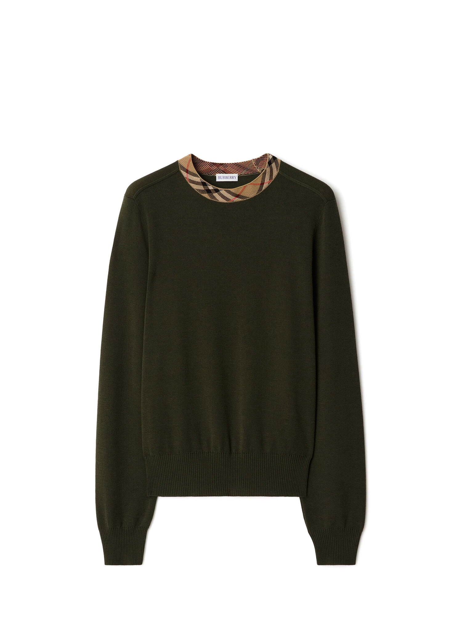 BurberryカーキVネックタンクトップ Burberry Haki Kadın Check Trim Yün Haki Triko Uzun Kollu Kadın