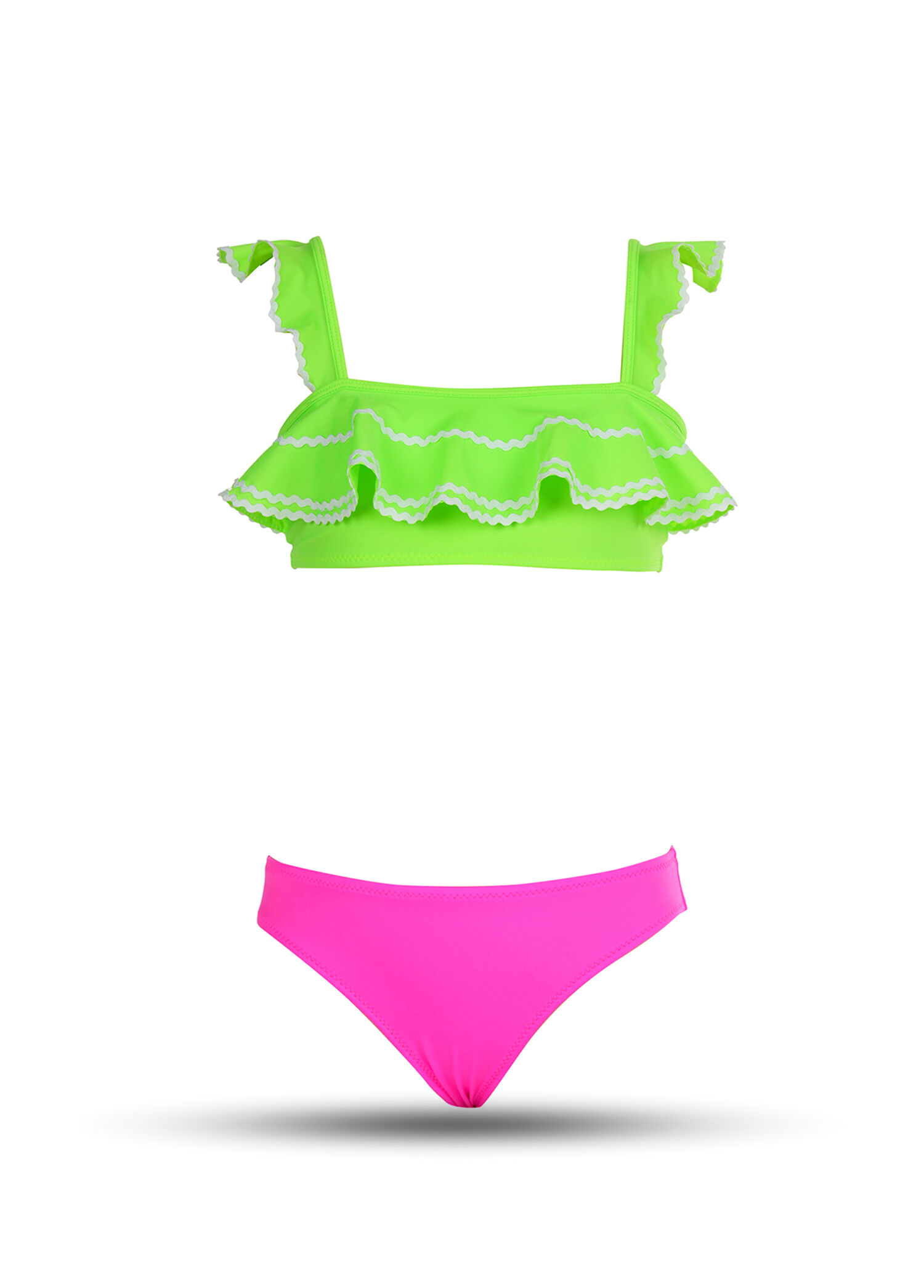 Bandeau Renkli Fırfırlı ve Su Taşı Detaylı Askılı Kız Çocuk Bikini Takımı