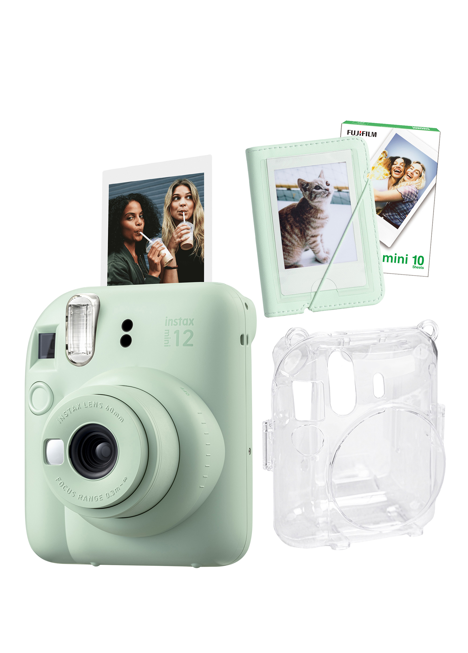 Instax Mini 12 Yeşil Fotoğraf Makinesi + 10'lu Film Mini Albüm ve Şeffaf Kılıf Seti