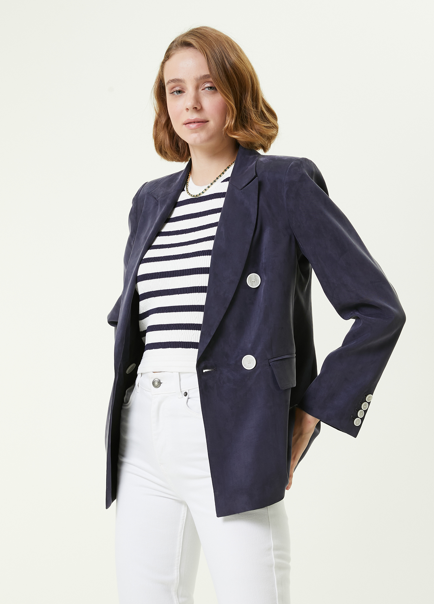 Lacivert Kruvaze Cupro Blazer