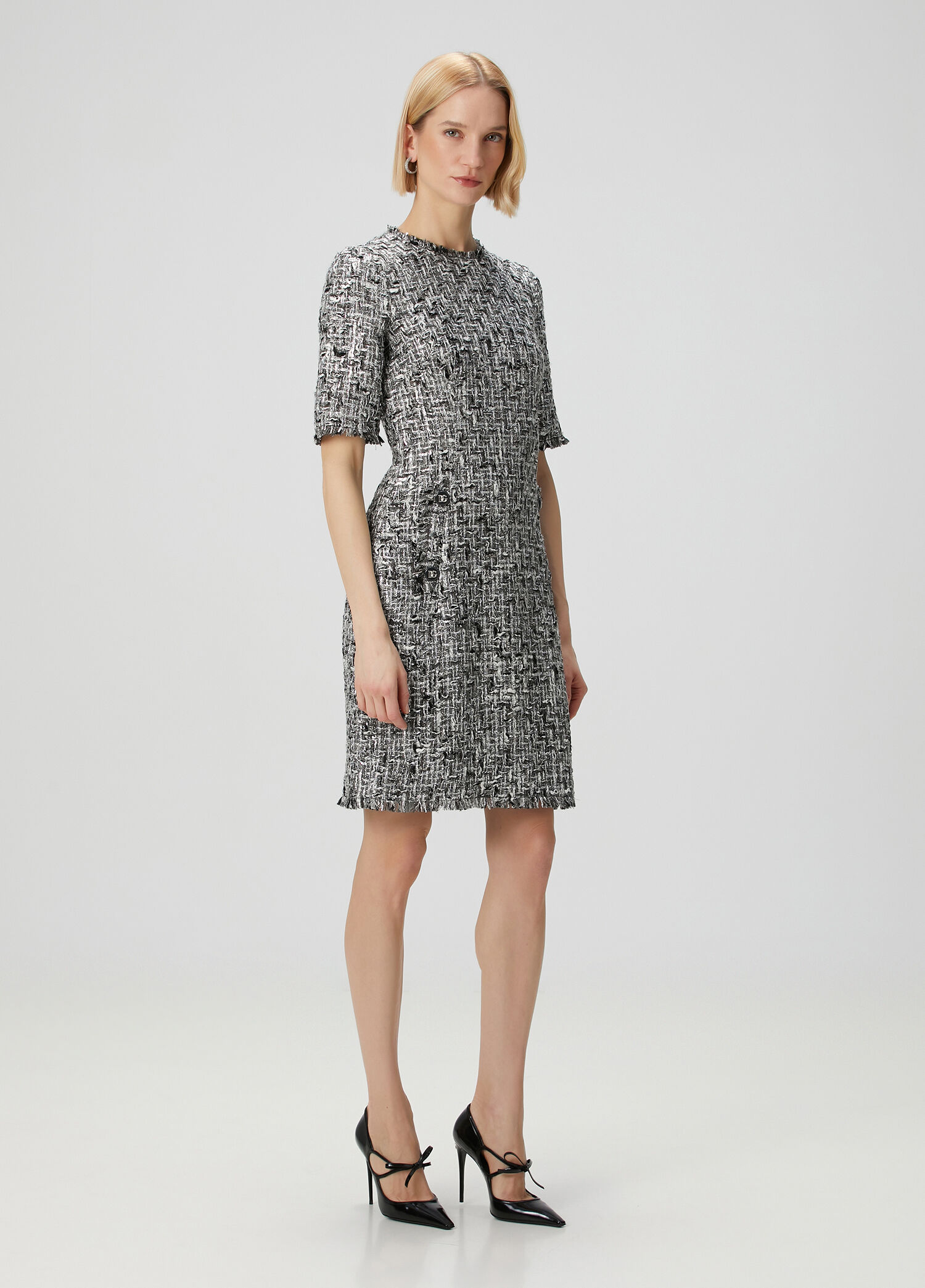Gri Midi Tweed Elbise