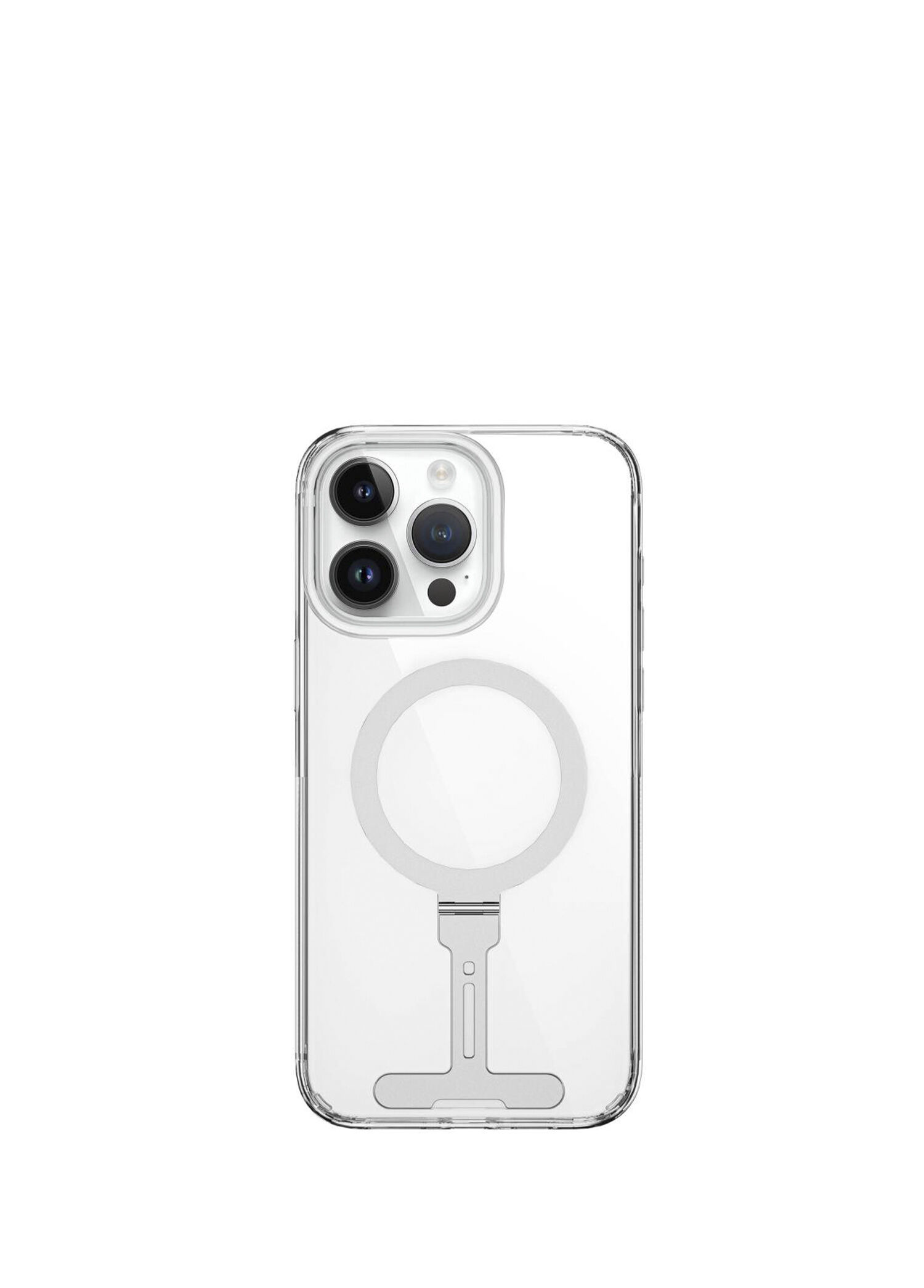 FYY-014 iPhone 15 Pro Magsafe Uyumlu Alüminyum Standlı Şeffaf Telefon Kılıfı