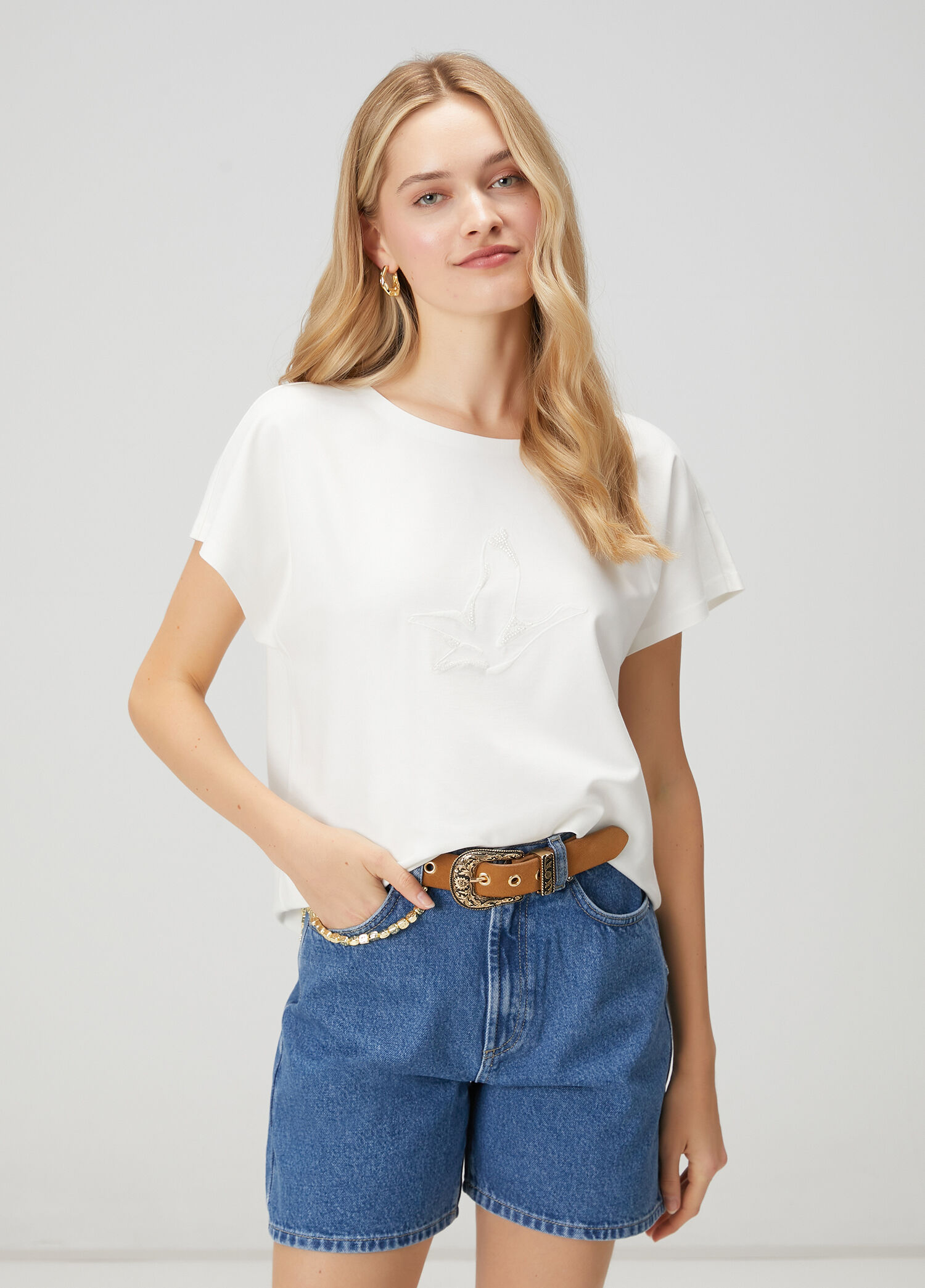 Seamless Kırık Beyaz İşlemeli T-shirt