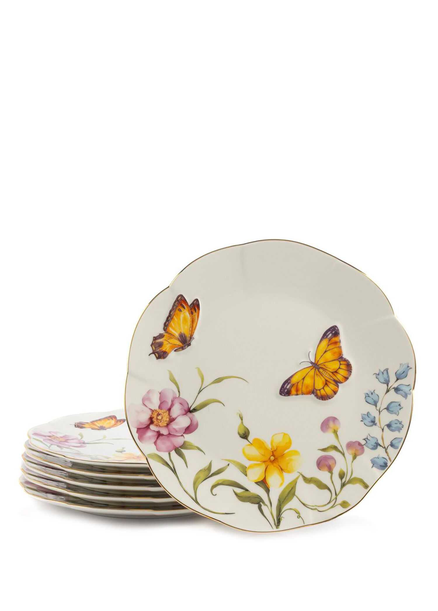 Mariposa Kelebek Desenli Porselen 6'lı Pasta Tabağı Seti 21 cm