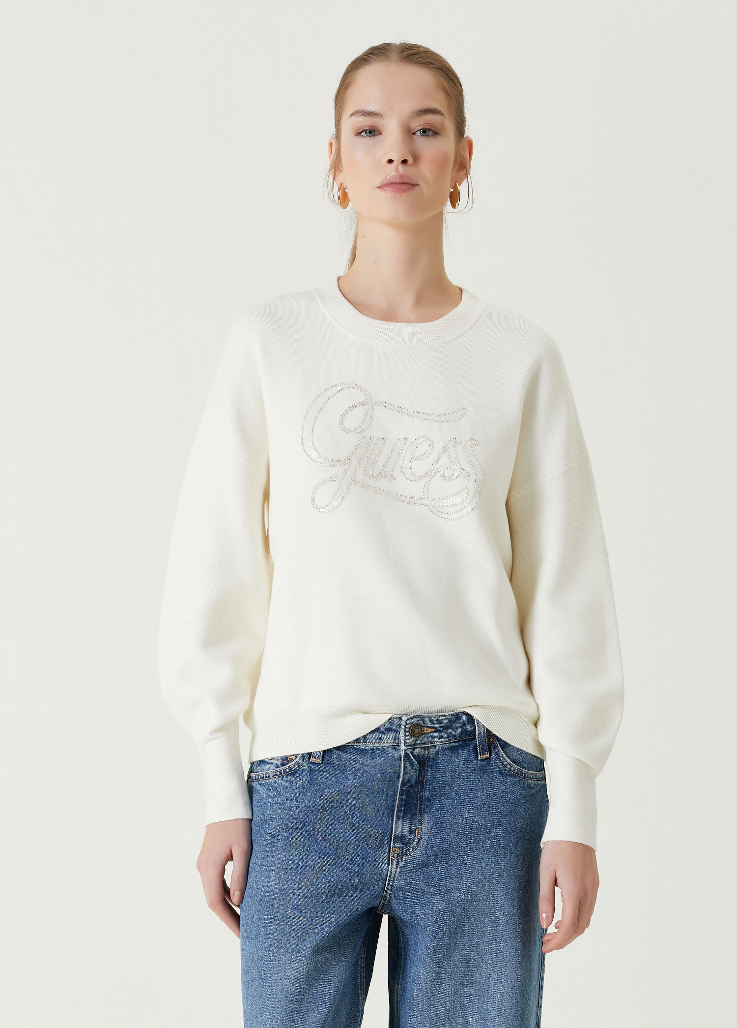 Laura Beyaz İşlemeli Logolu Sweatshirt